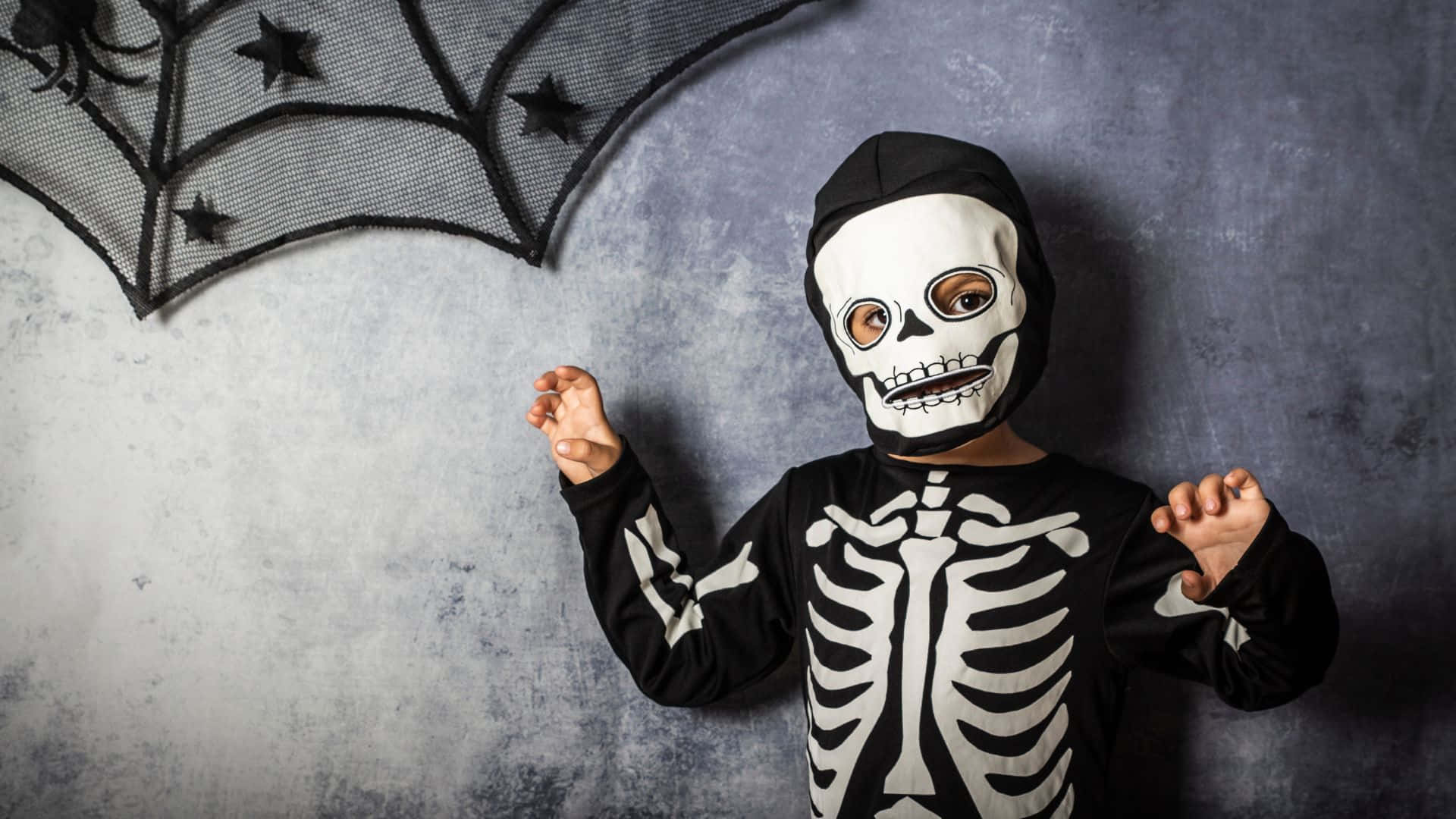 skeleton costume, skull mask, gray wall, Full HD Desktop Wallpaper