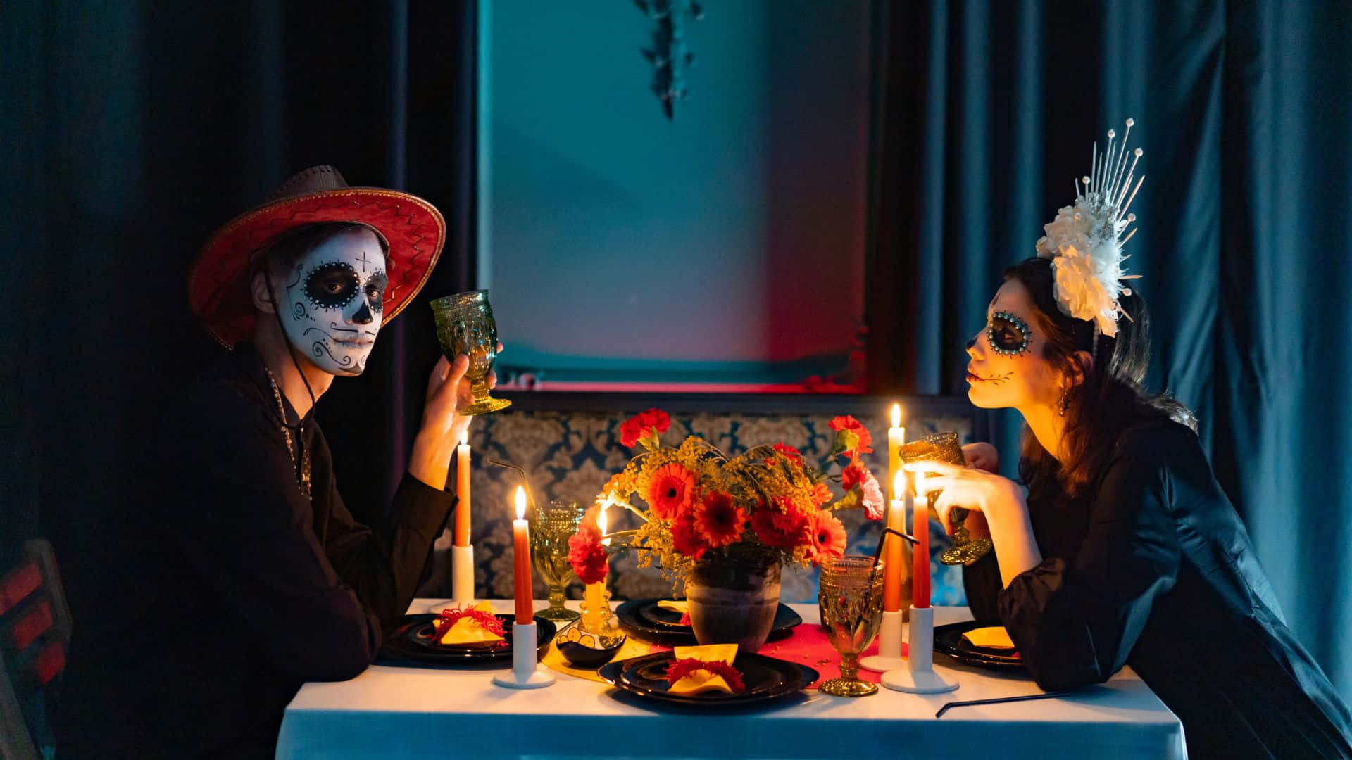 skeleton costumes, sugar skull makeup, candlelit dinner, Full HD Desktop Wallpaper