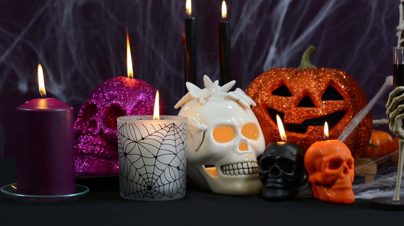 jack o' lantern, glowing candles, glittering skulls, HD Desktop Wallpaper