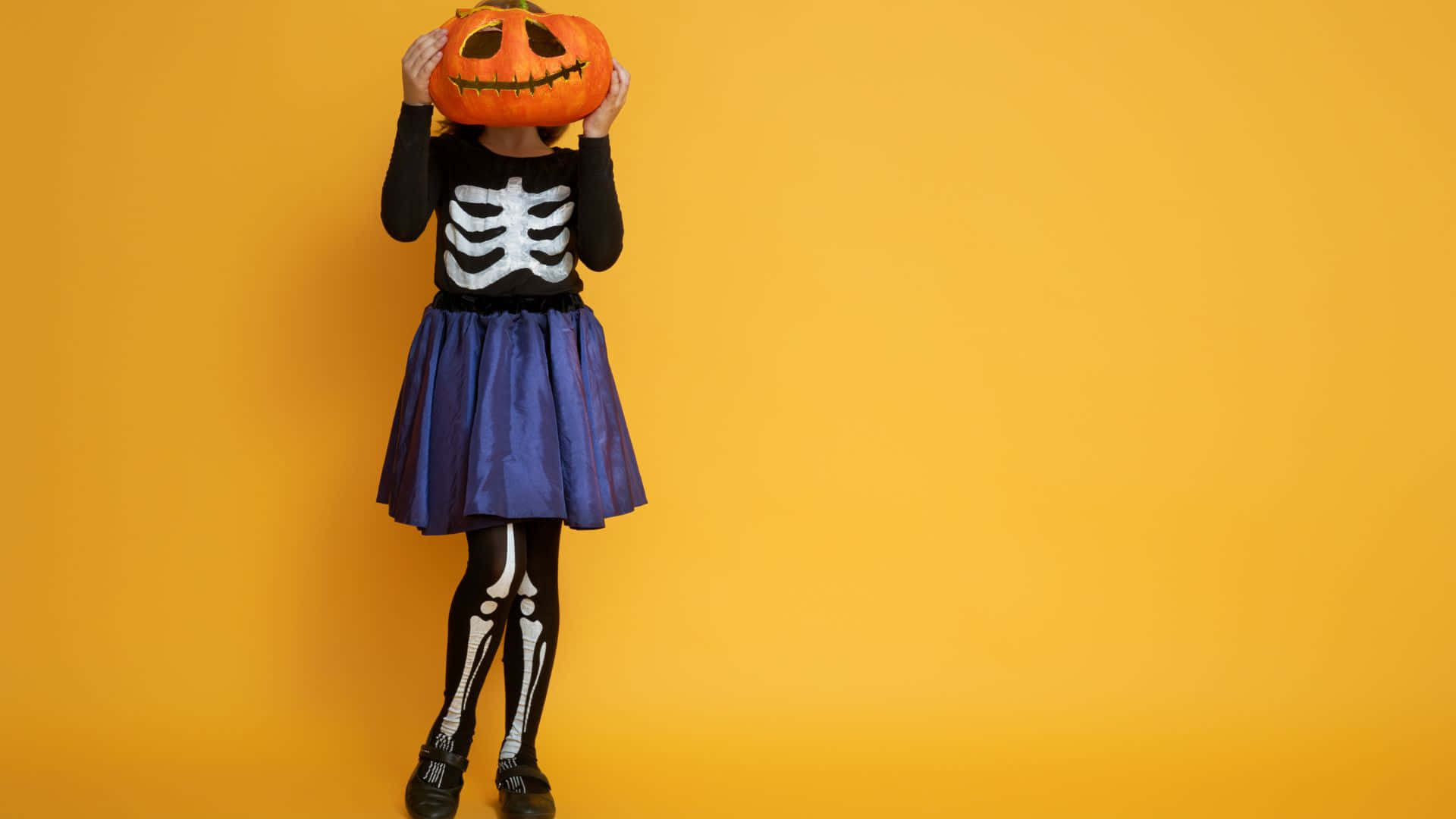 skeleton costume, jack-o'-lantern, orange background, Full HD Desktop Wallpaper