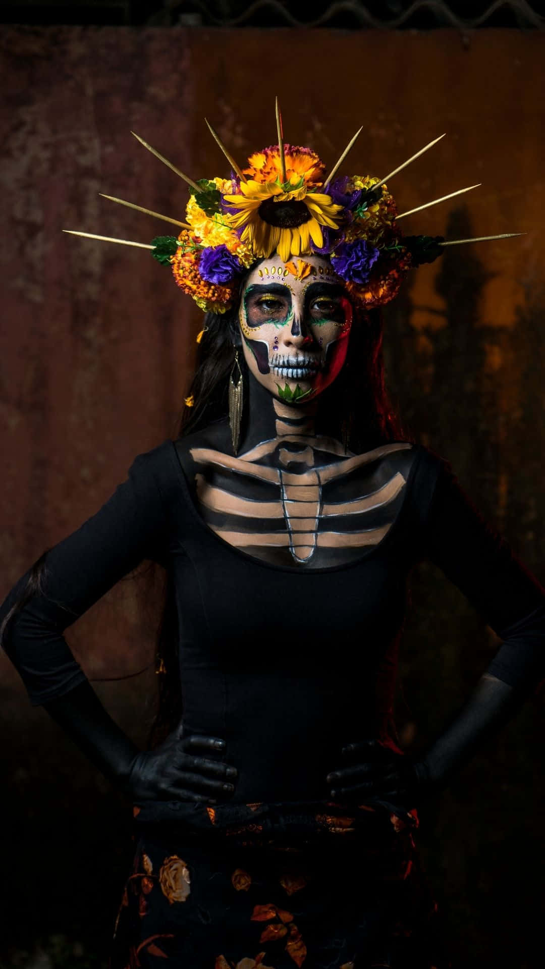 skeleton costumes, sugar skull makeup, floral crown, Full HD Phone Wallpaper