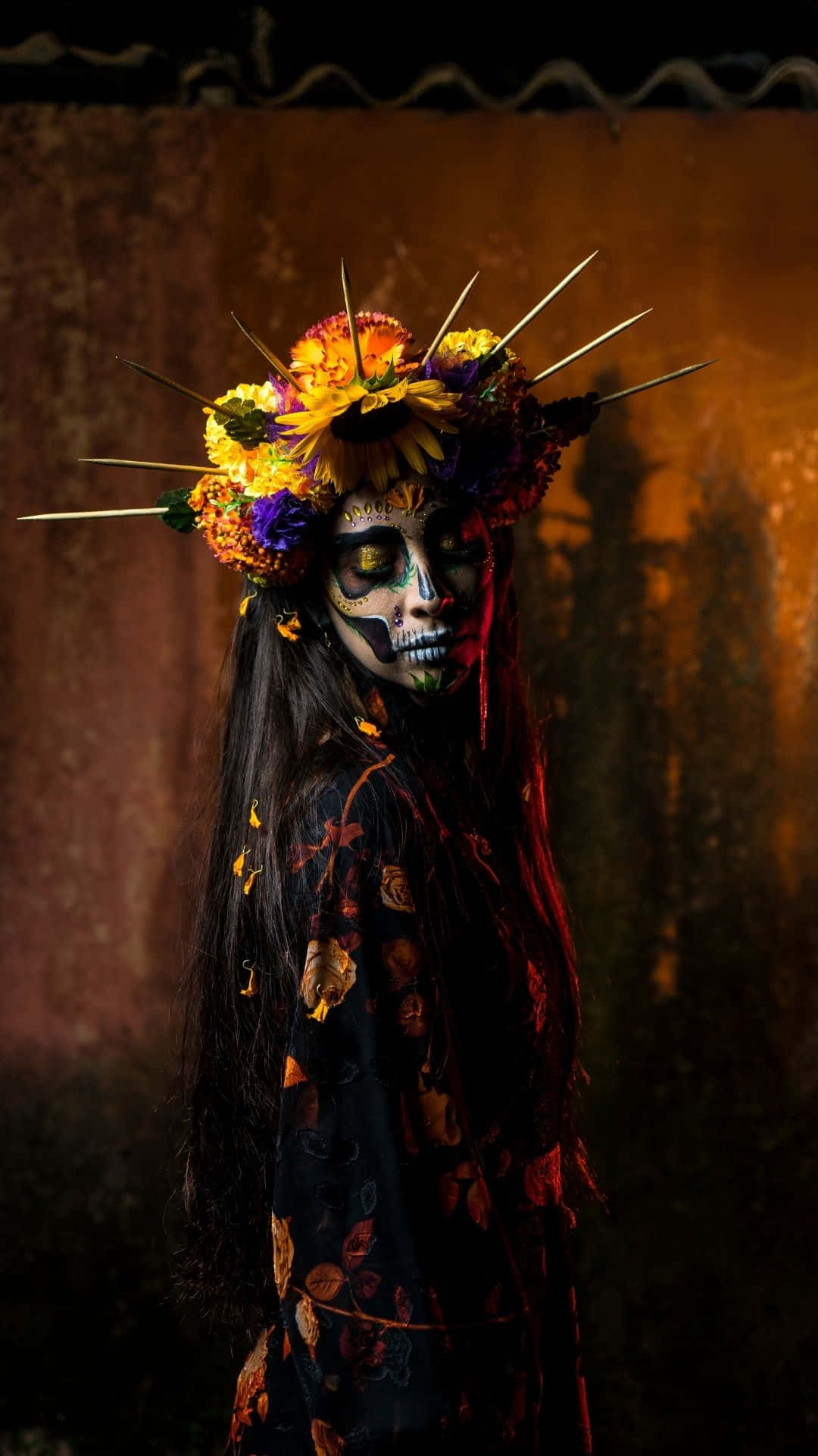 skeleton costume, sugar skull makeup, vibrant floral crown, Full HD Phone Wallpaper