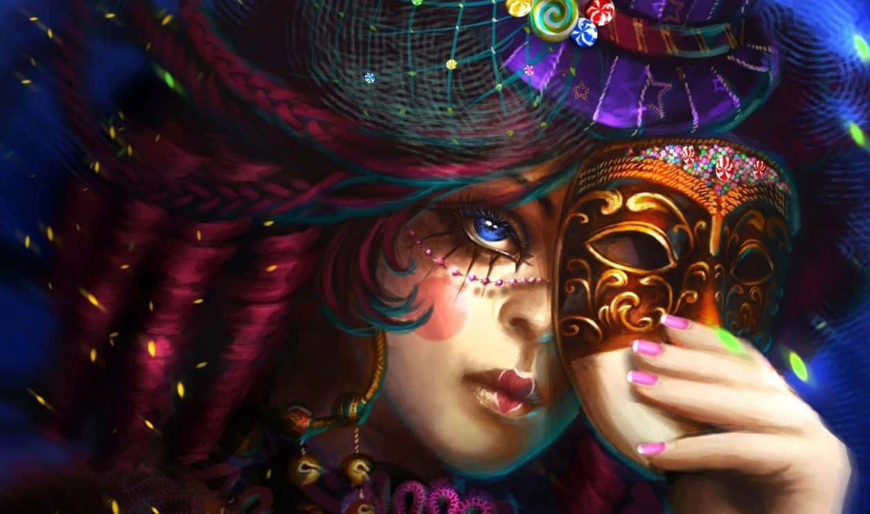 vibrant purple hair, glittering mask, ornate golden mask, SD Desktop Wallpaper
