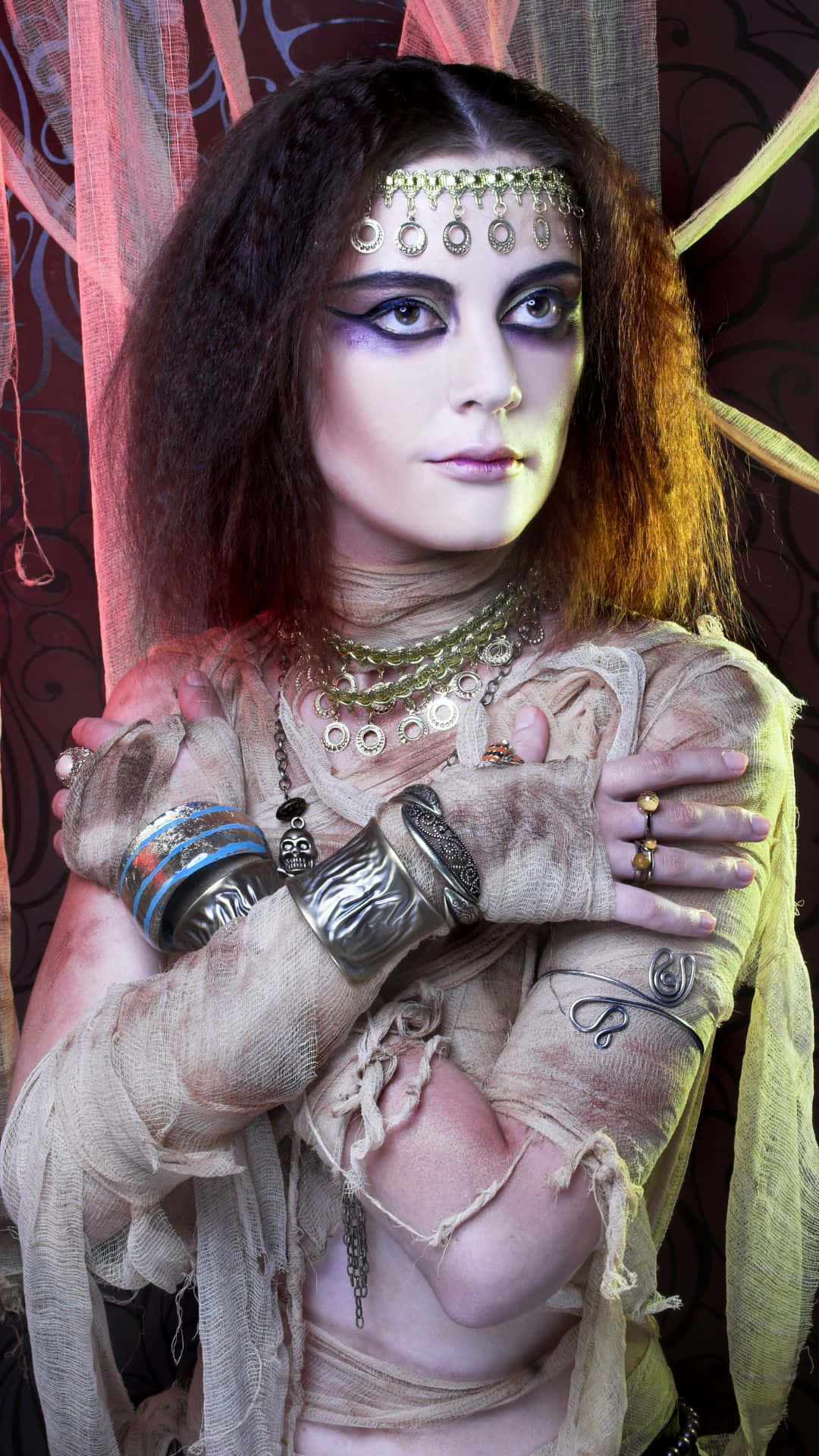 Mummy costume, gold jewelry, bandaged arms, Full HD Phone Wallpaper