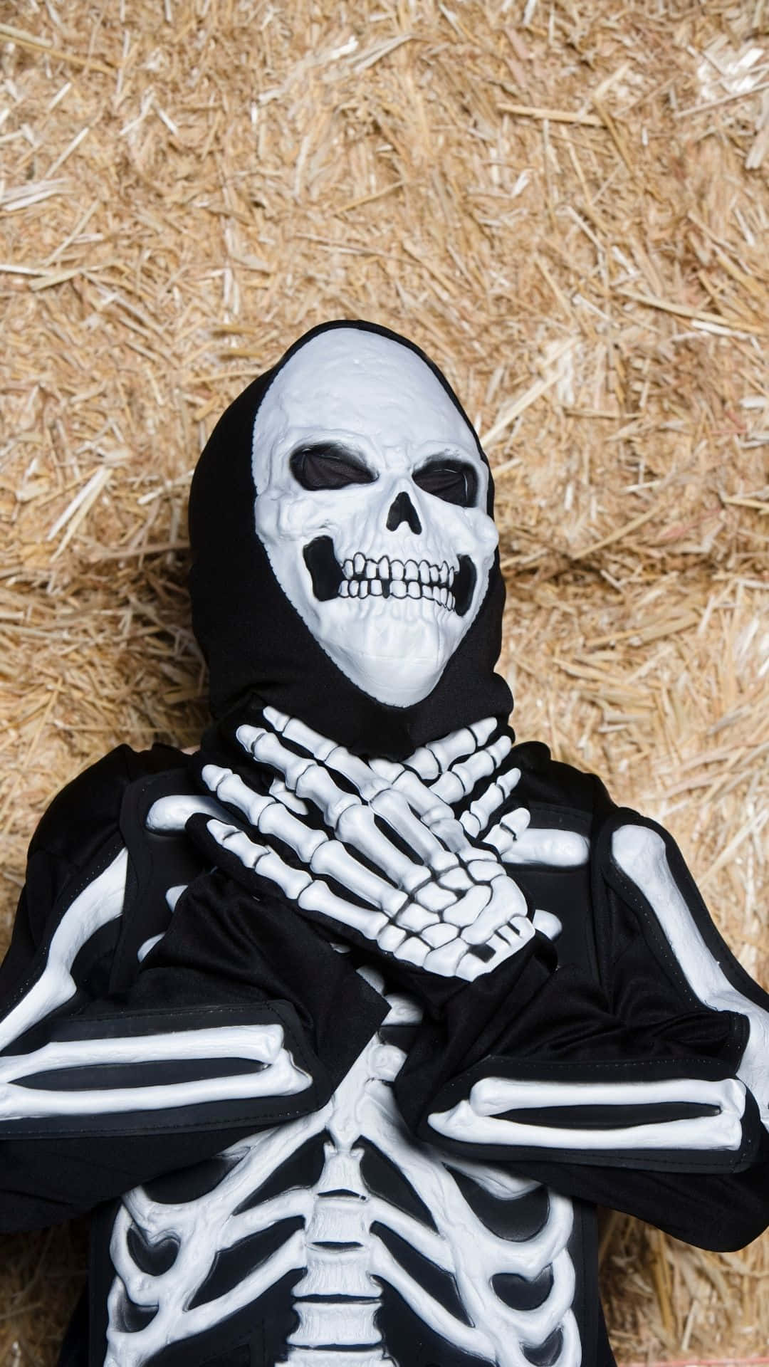 skeleton costume, hood, straw bales, Full HD Phone Wallpaper