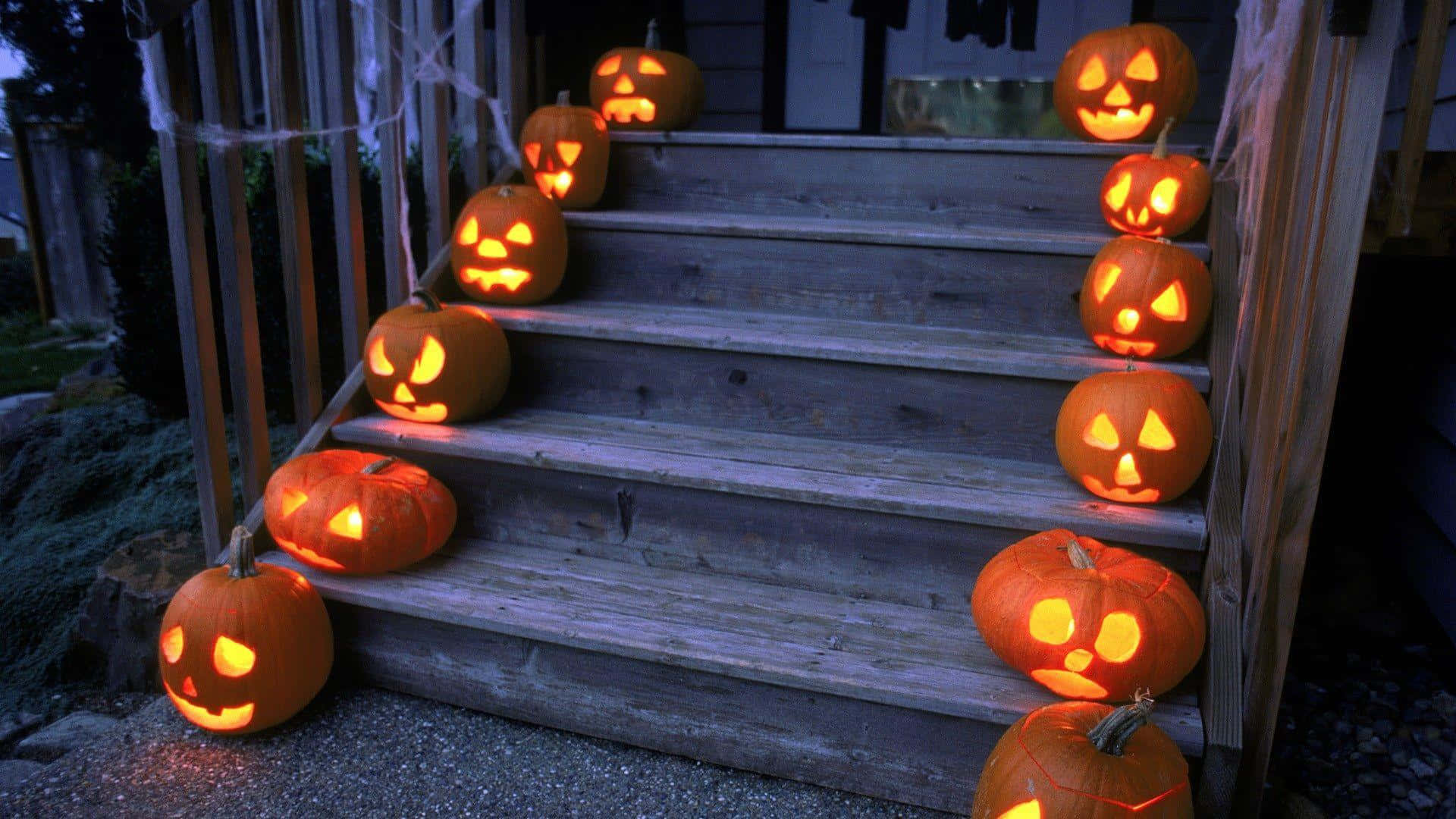 jack-o'-lanterns, carved faces, wooden staircase, Full HD Desktop Wallpaper