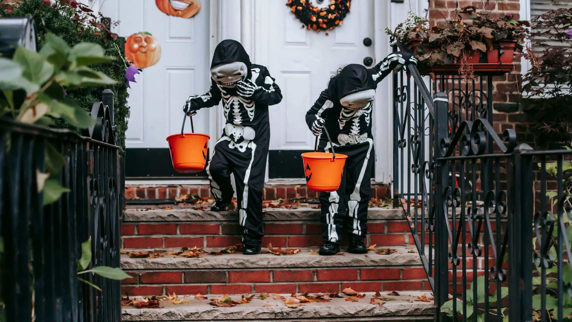 skeleton costumes, children, brick steps, Full HD Desktop Wallpaper