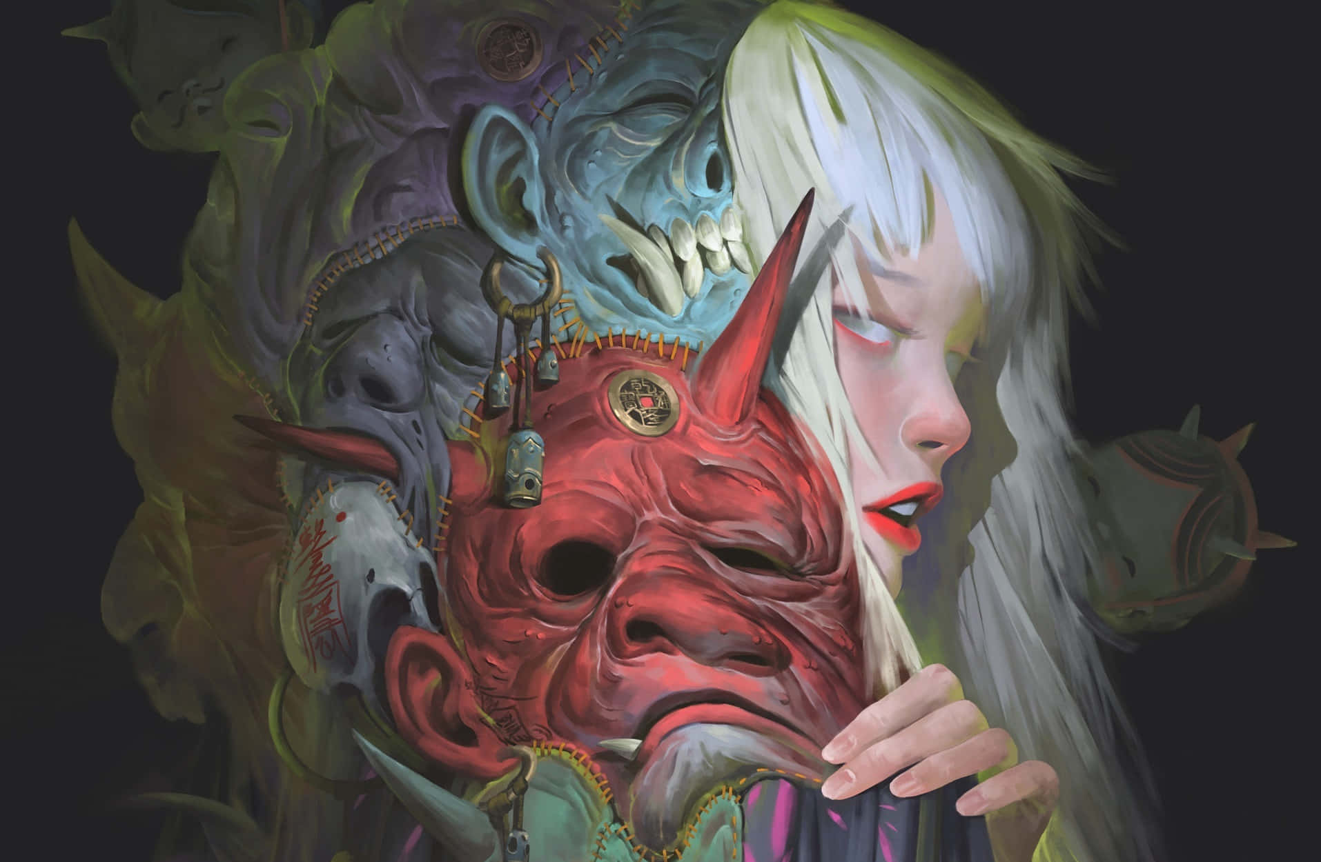 Halloween masks, white hair, grotesque red demon mask, HD Desktop Wallpaper