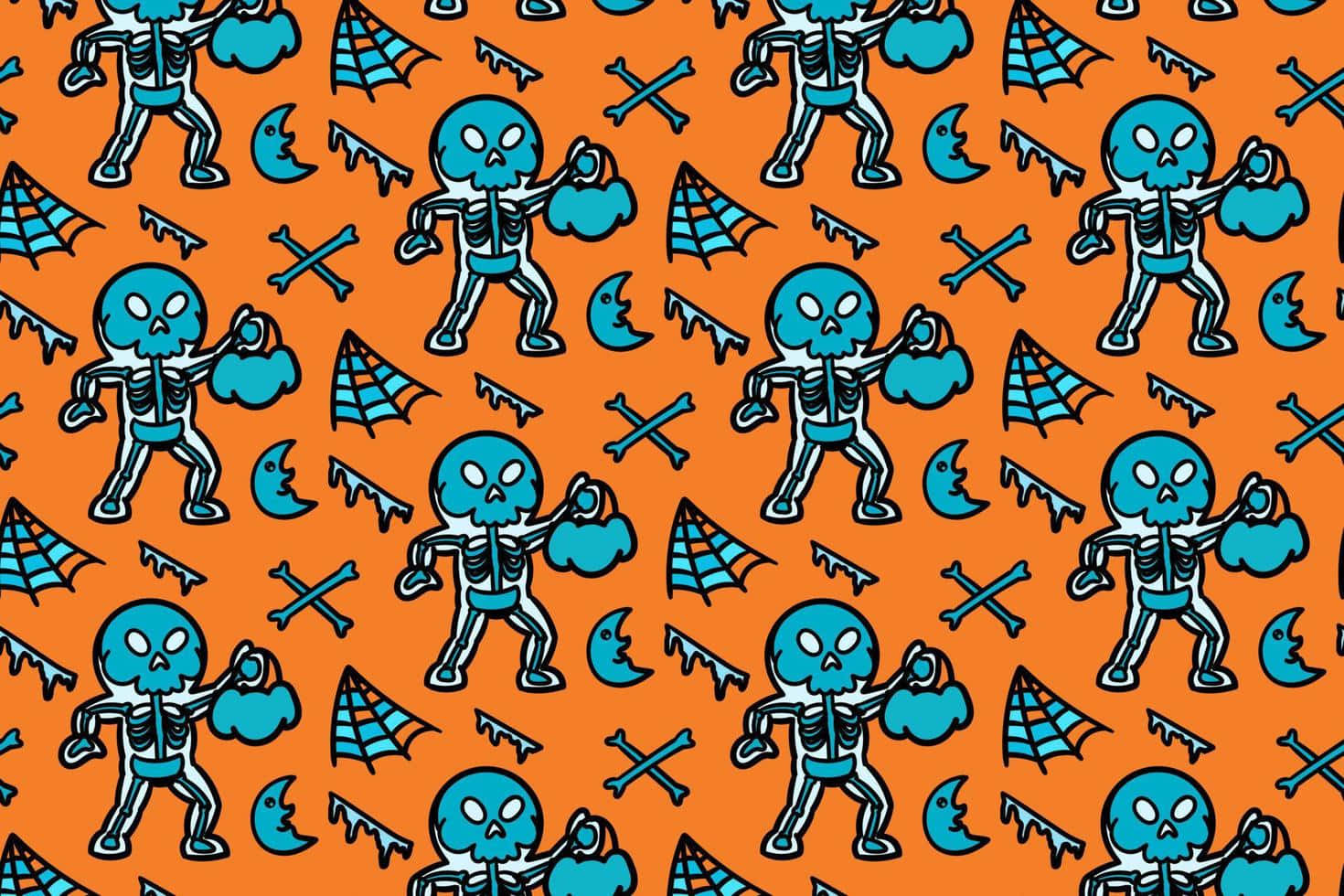 teal cartoon skeletons, pumpkins, vibrant orange background, HD Desktop Wallpaper