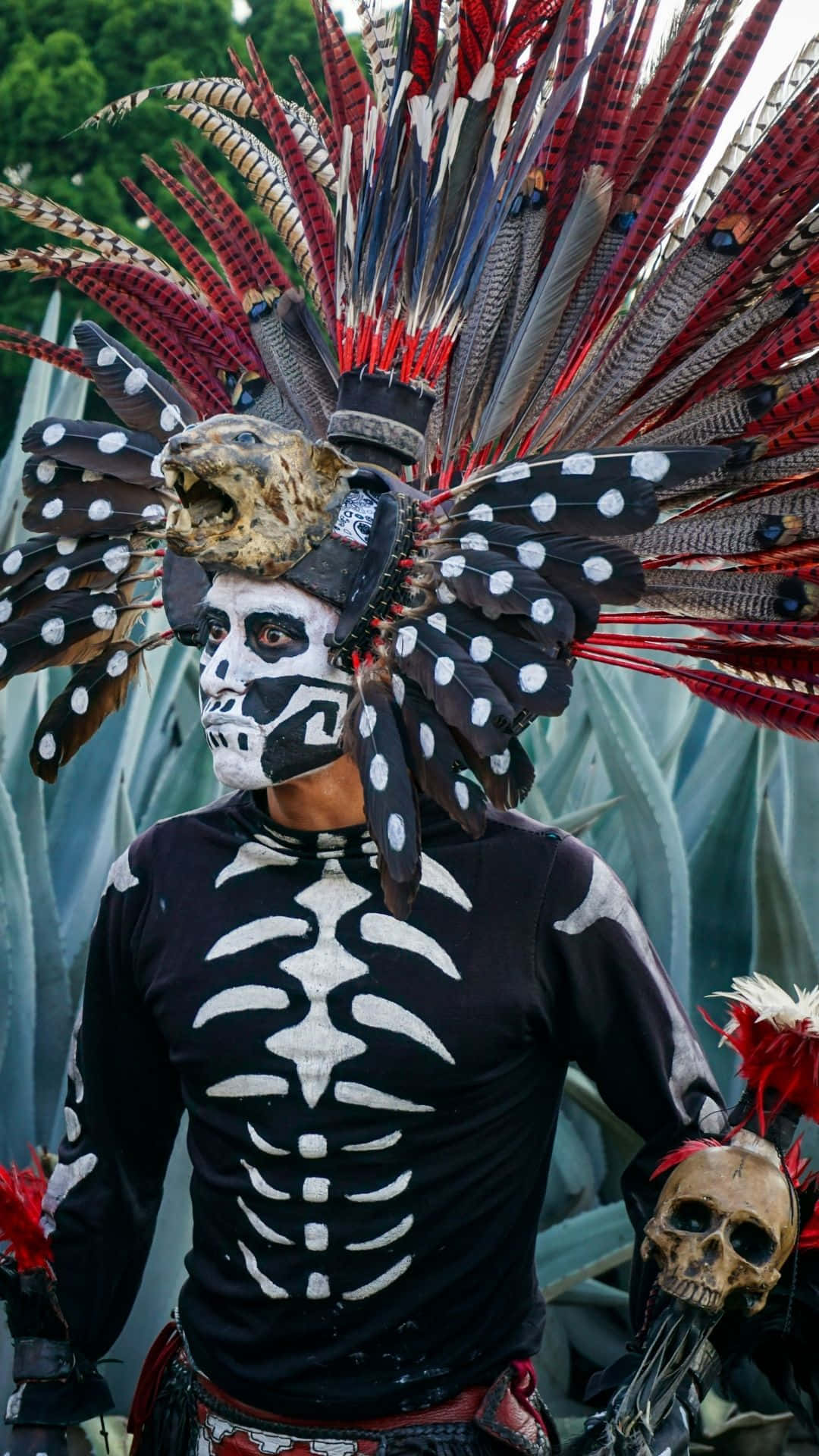 skeleton costume, skull makeup, feathered headdress, Full HD Phone Wallpaper