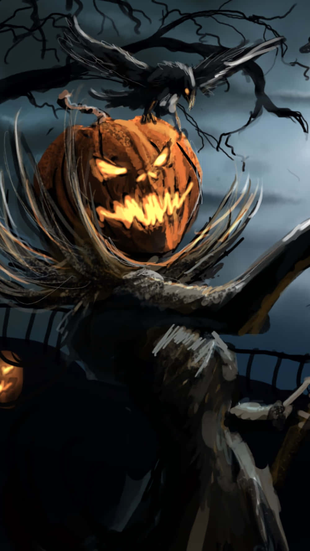 jack o' lantern, skeletal scarecrow, stormy sky, HD Phone Wallpaper