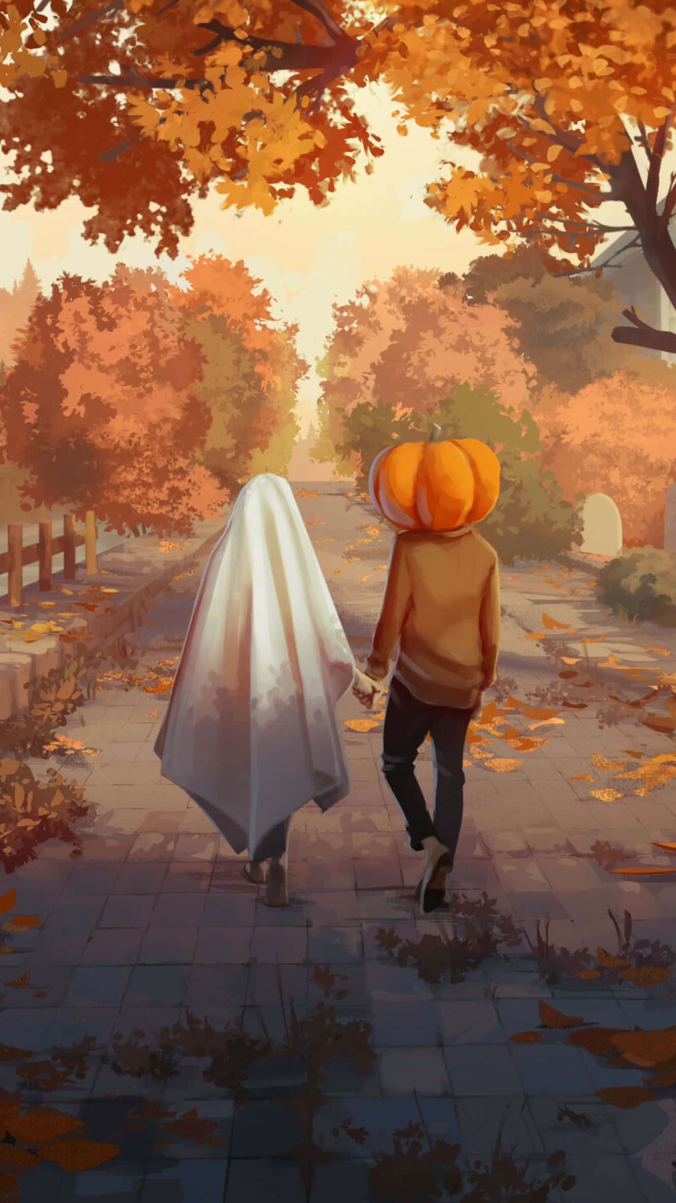 Autumn Halloween Friends Walk, ghost, pumpkin head, Full HD Phone Wallpaper