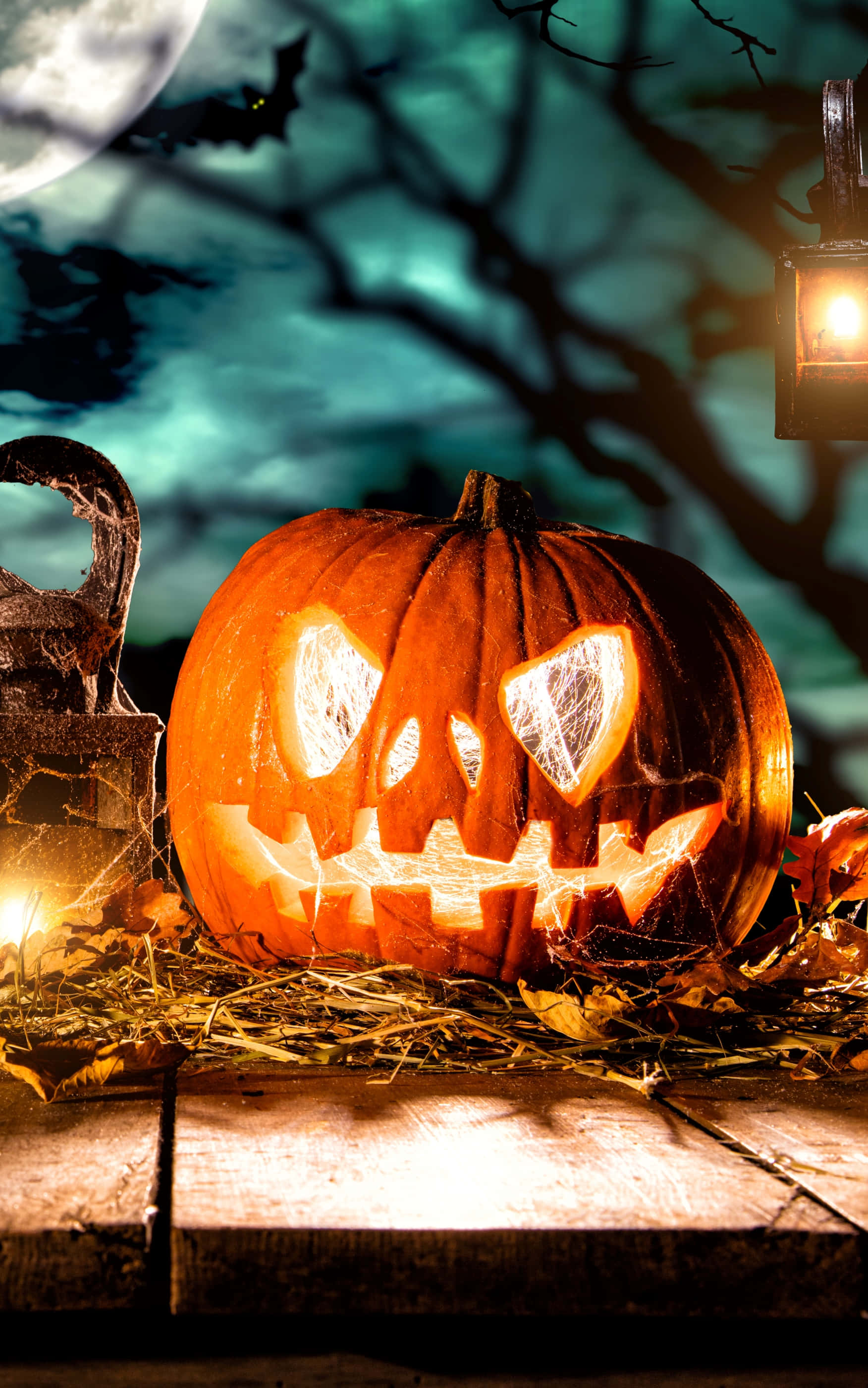 Halloween Pumpkin, jack o lantern, full moon, 2K Phone Wallpaper