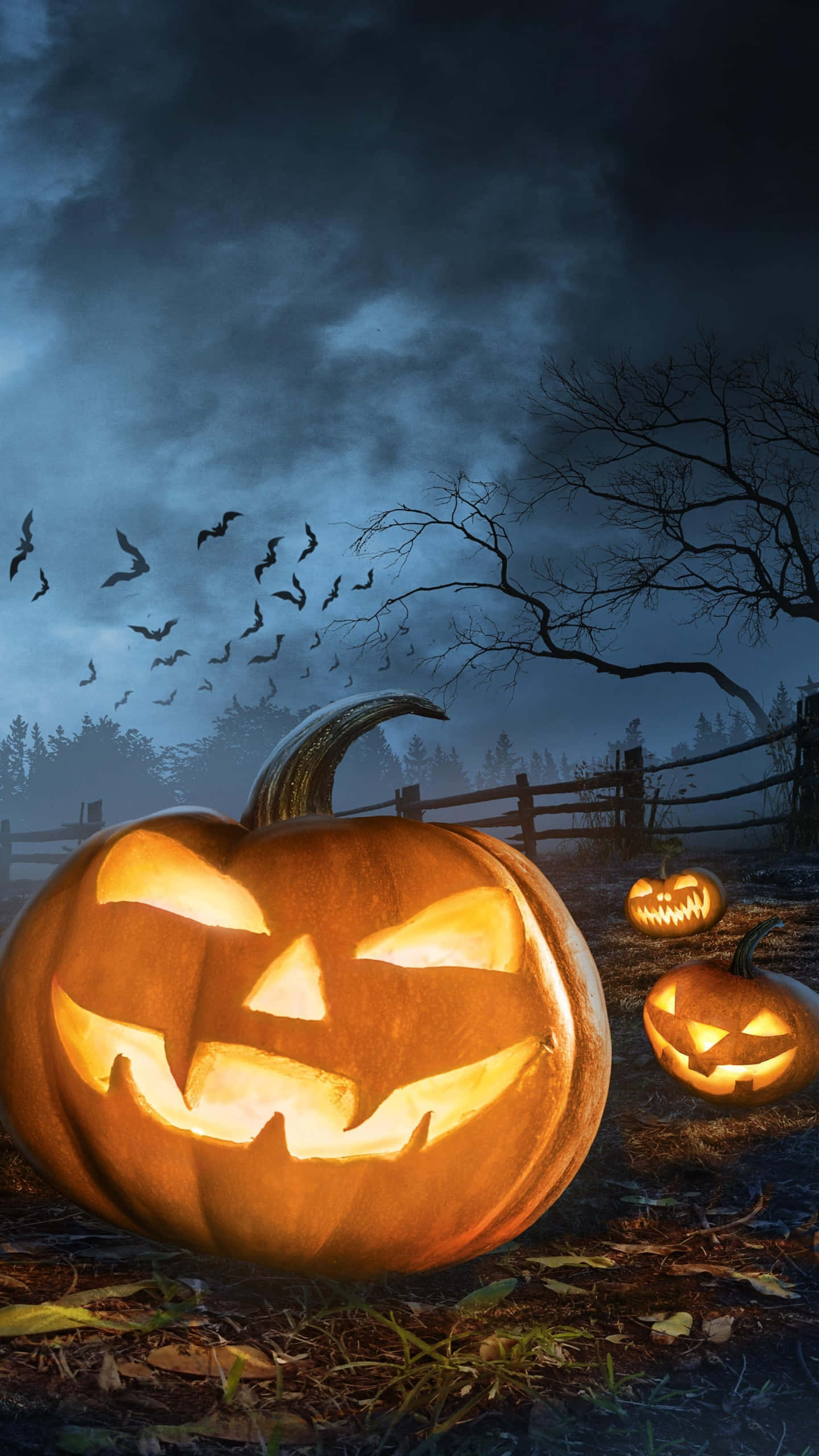 Halloween Pumpkin, glowing jack-o'-lantern, wide grin, 2K Phone Wallpaper