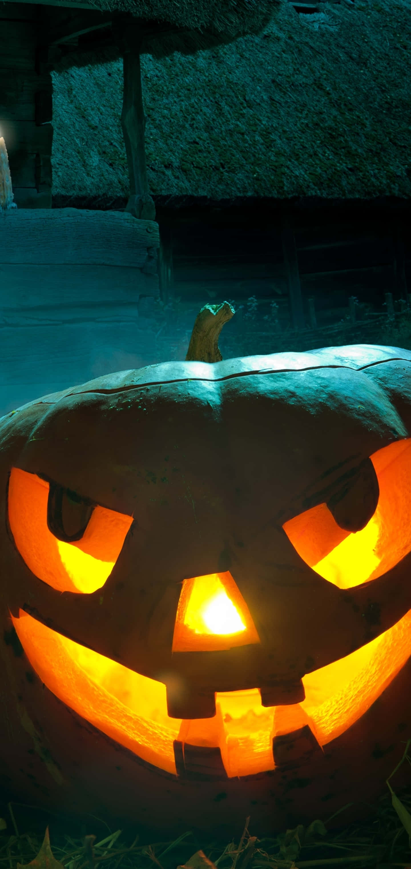 glowing jack o lantern, jagged eyes, grin, 2K Phone Wallpaper