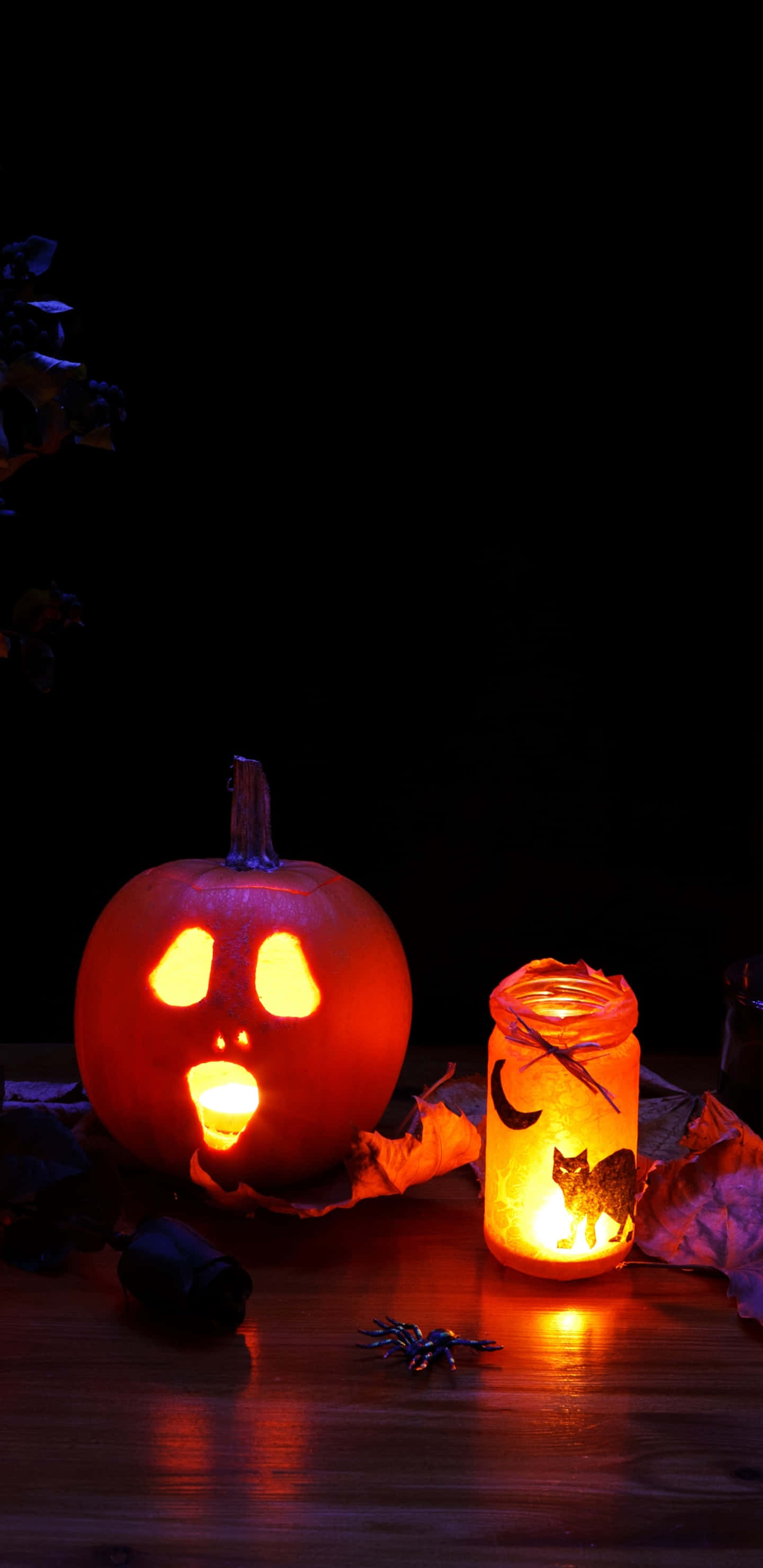 jack-o'-lantern, wide grin, lit jar, 2K Phone Wallpaper
