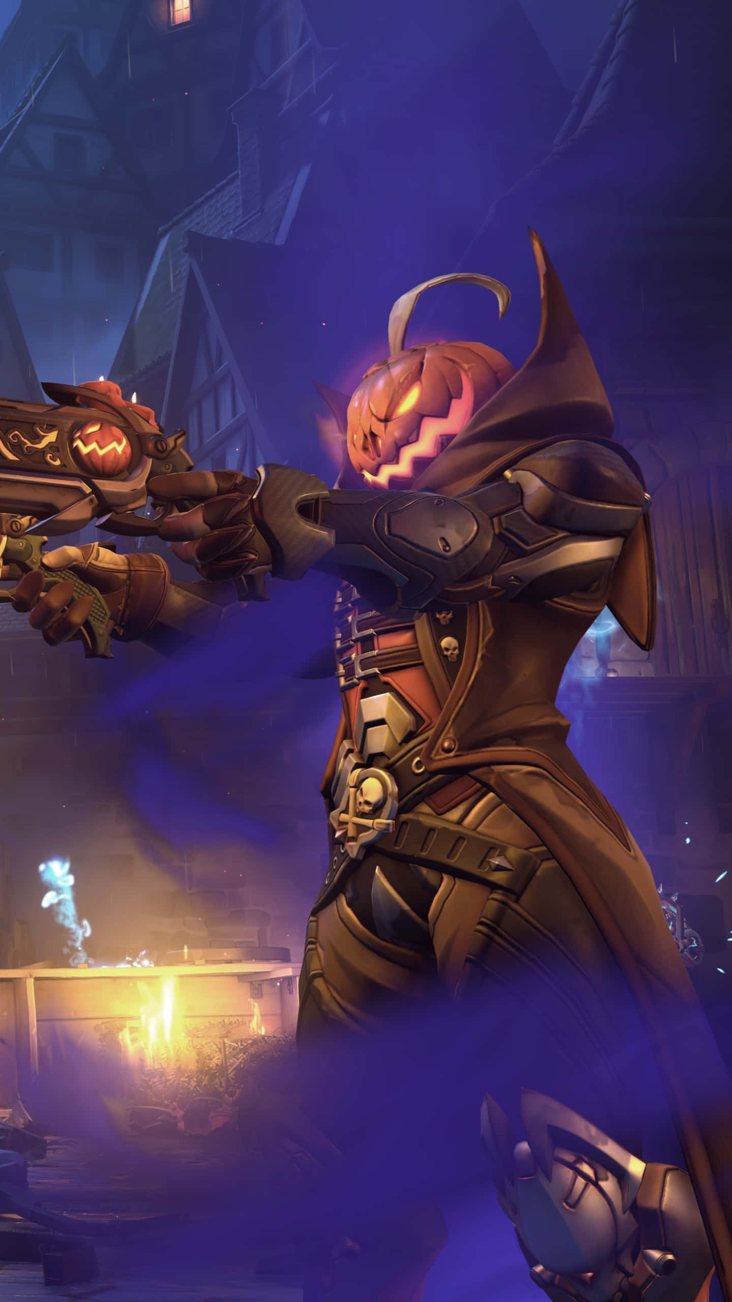 pumpkin-headed warrior, dark armor, glowing weapon, 2K Phone Wallpaper