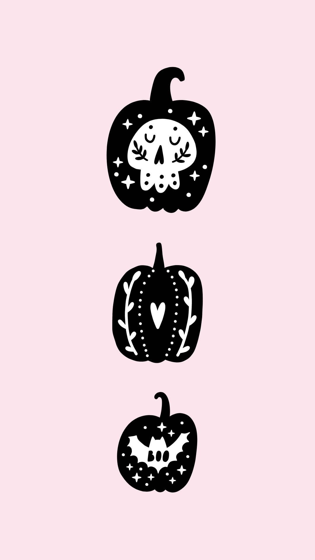 black pumpkins, white skull heart, bat designs, Full HD Phone Wallpaper