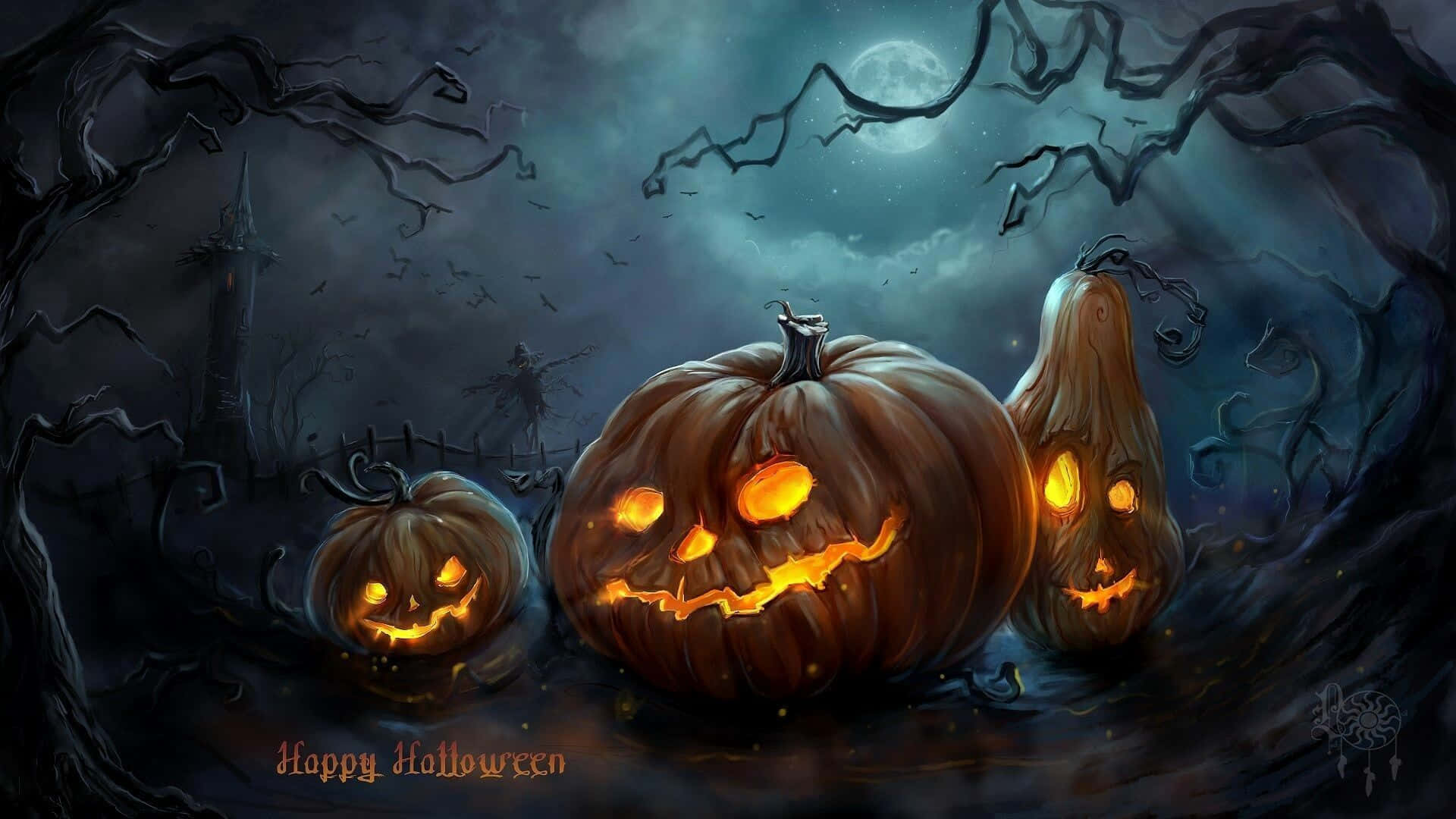 jack-o'-lanterns, full moon, twisted trees, Full HD Desktop Wallpaper