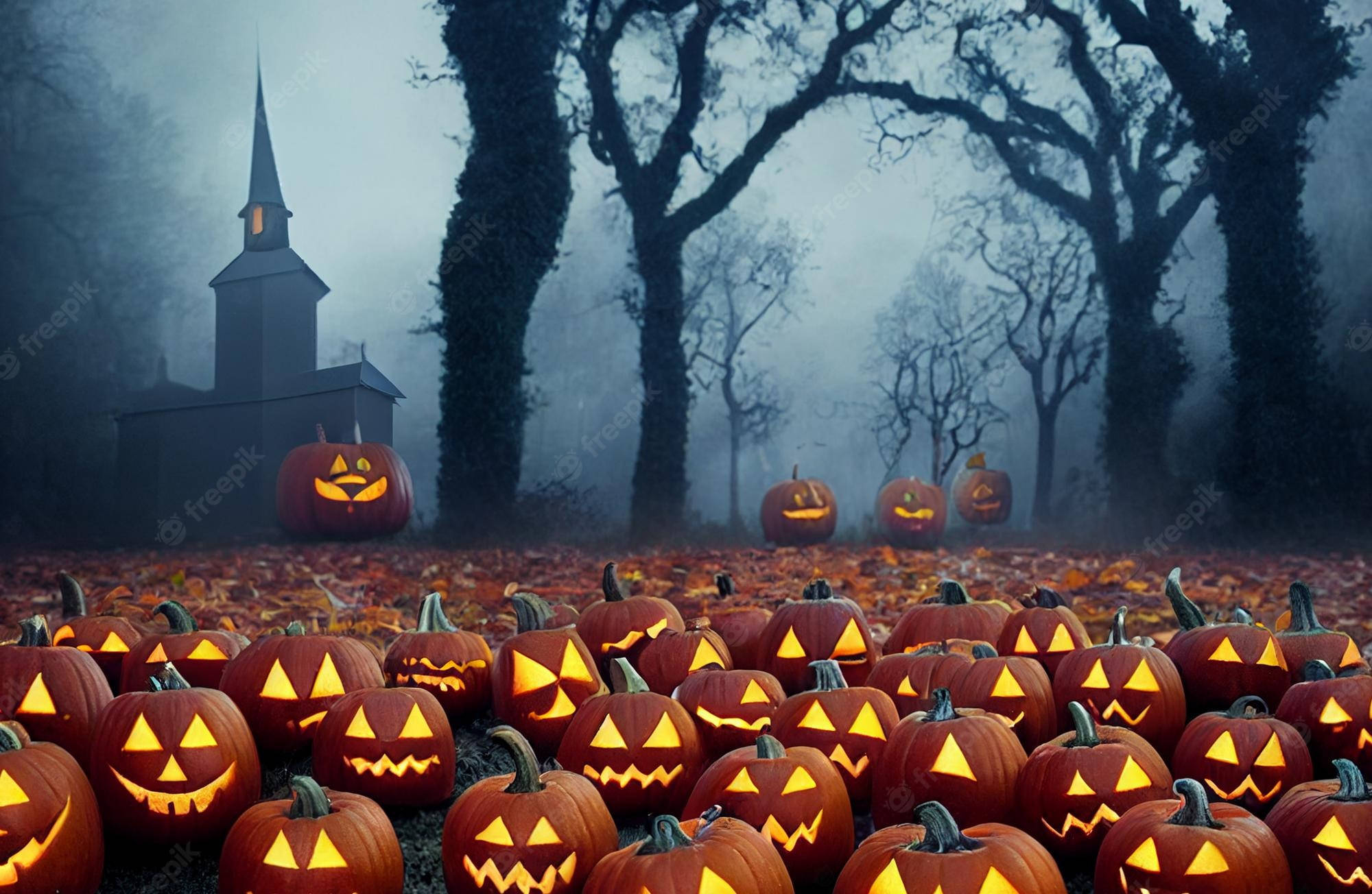 Halloween Pumpkin, jack-o'-lanterns, spooky church, Full HD Desktop Wallpaper