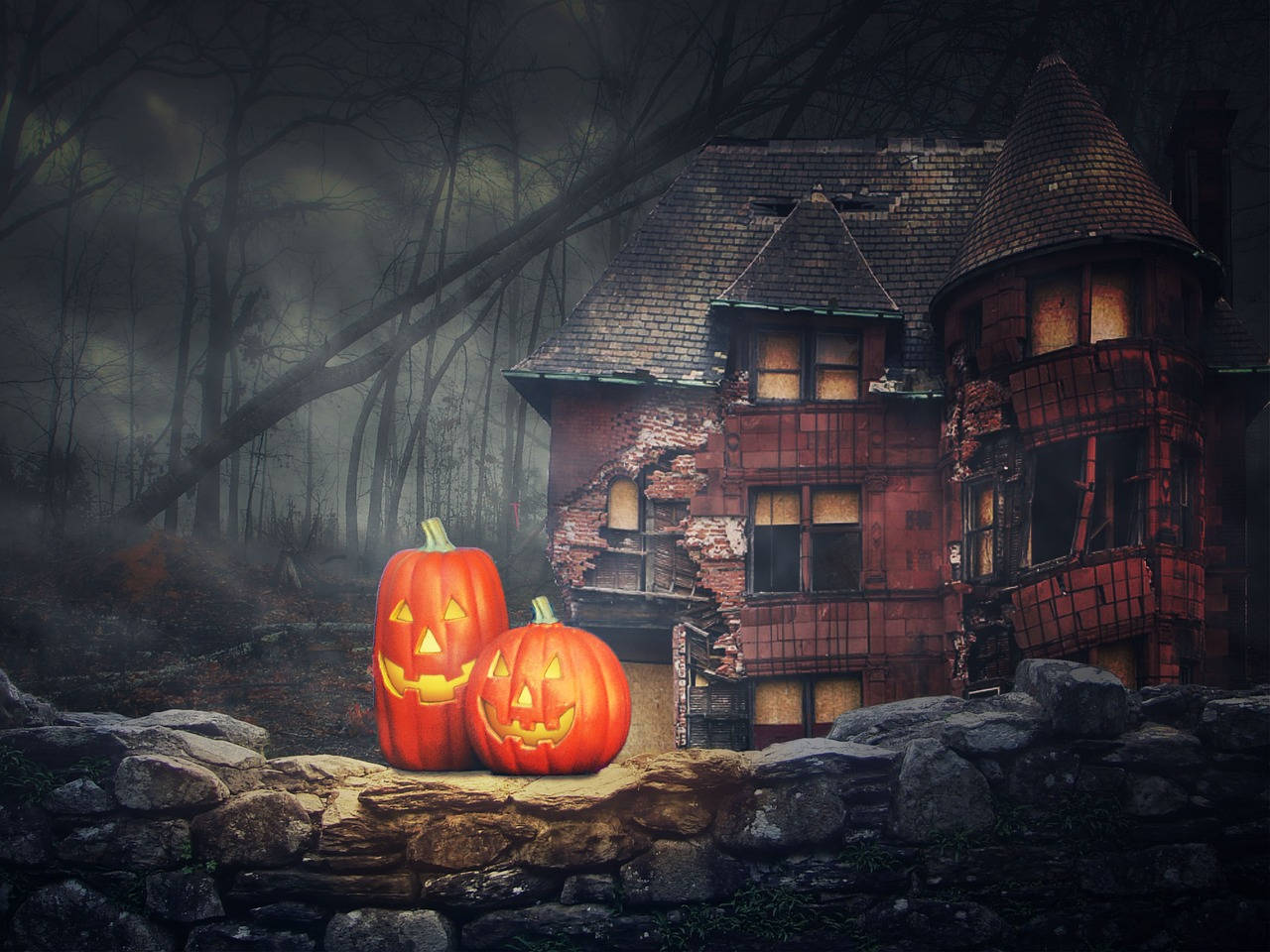 Halloween Pumpkin, jack-o'-lanterns, stone wall, HD Desktop Wallpaper