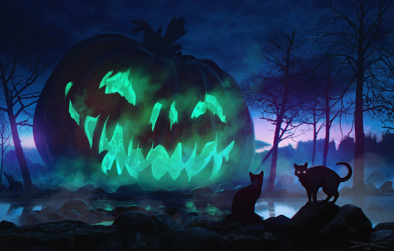 Halloween Pumpkin, colossal glowing jack-o-lantern, misty forest, HD Desktop Wallpaper