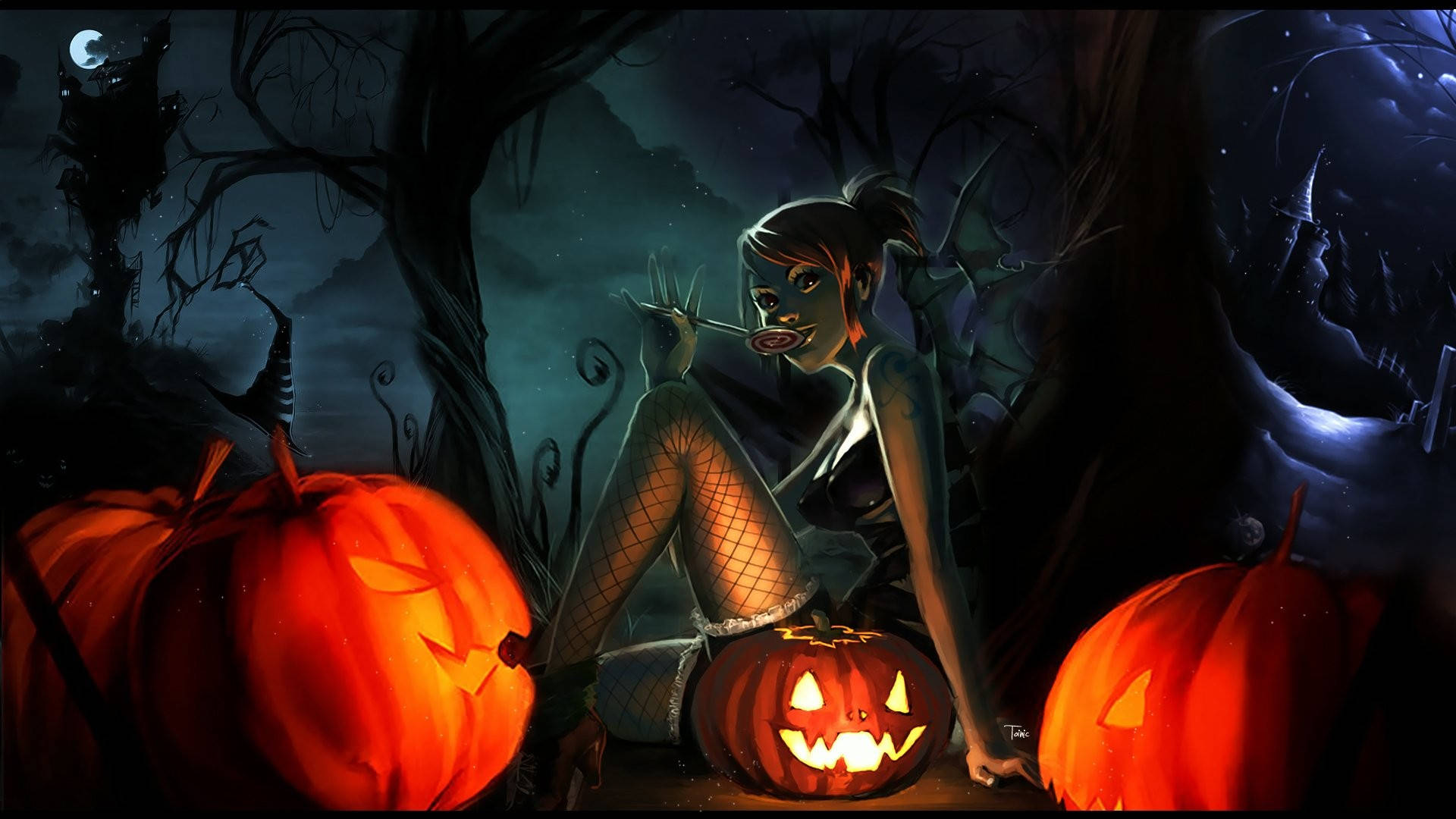 Halloween witch, glowing jack-o-lanterns, twisted trees, Full HD Desktop Wallpaper