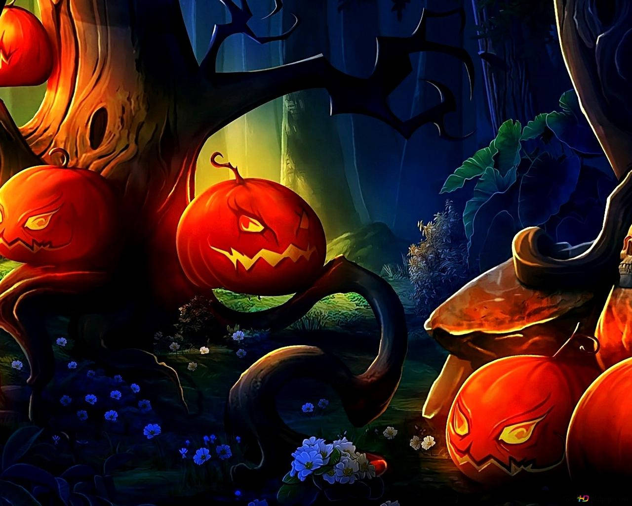Halloween Pumpkin, jack-o'-lanterns, dark enchanted forest, HD Desktop Wallpaper