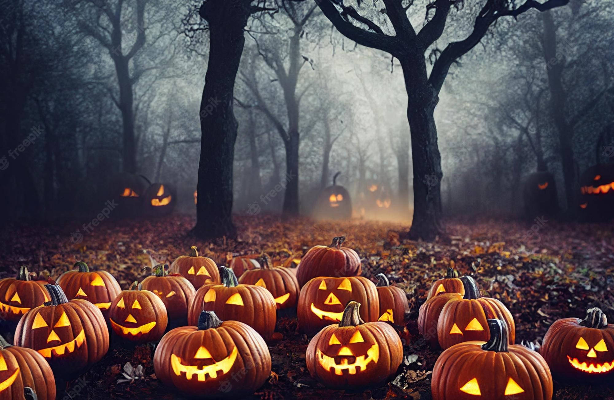 Halloween Pumpkin, jack-o'-lanterns, misty autumn forest floor, Full HD Desktop Wallpaper