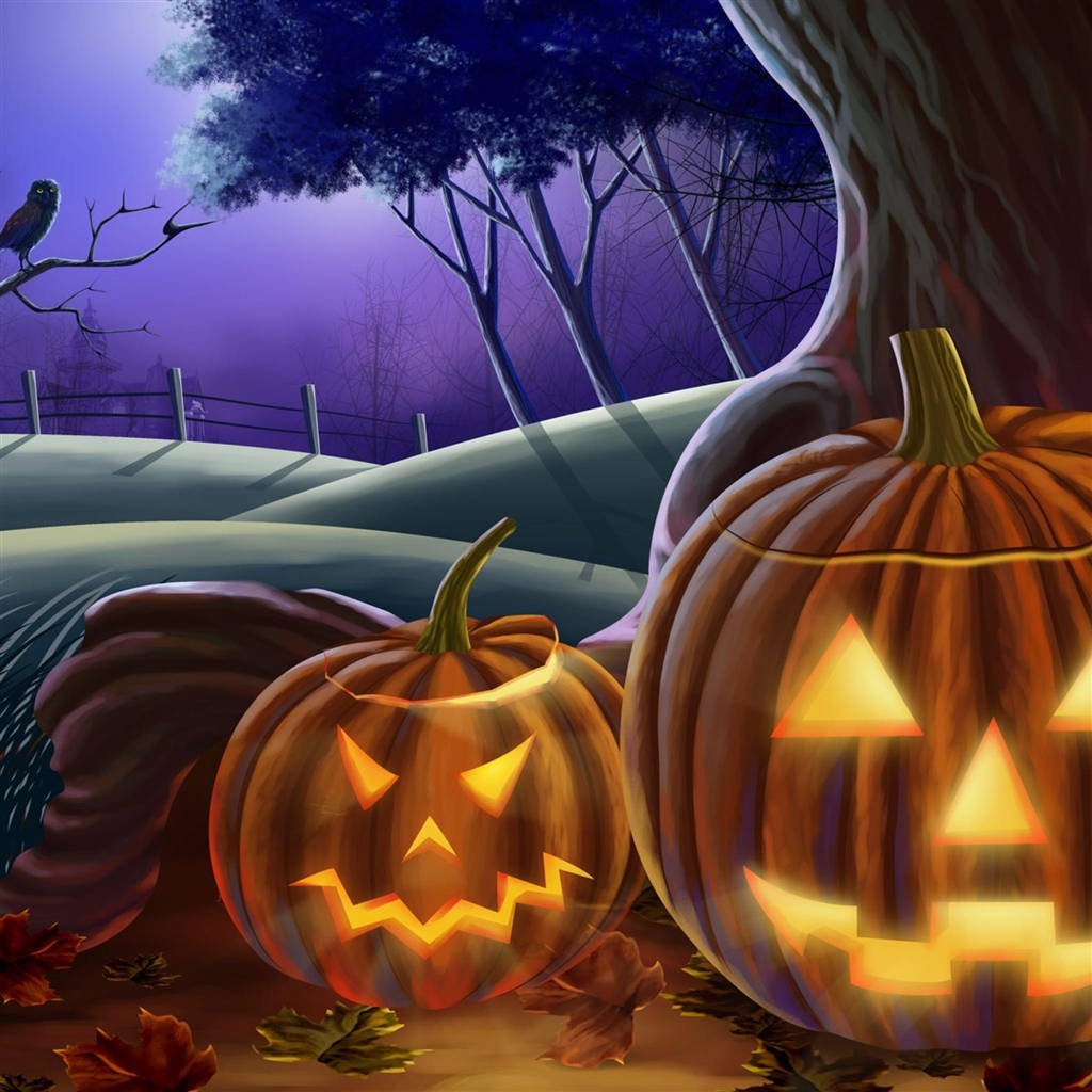 Halloween iPad, glowing jack-o'-lanterns, purple twilight sky, SD Desktop Wallpaper