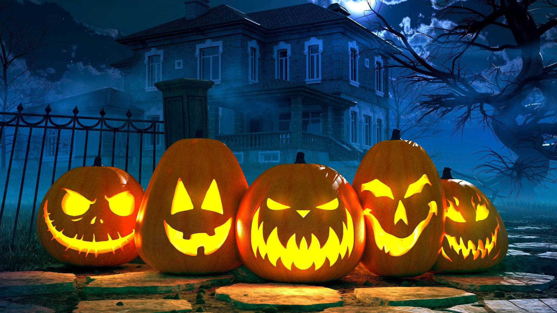 Halloween Pumpkin, jack-o'-lanterns, stone path, Full HD Desktop Wallpaper