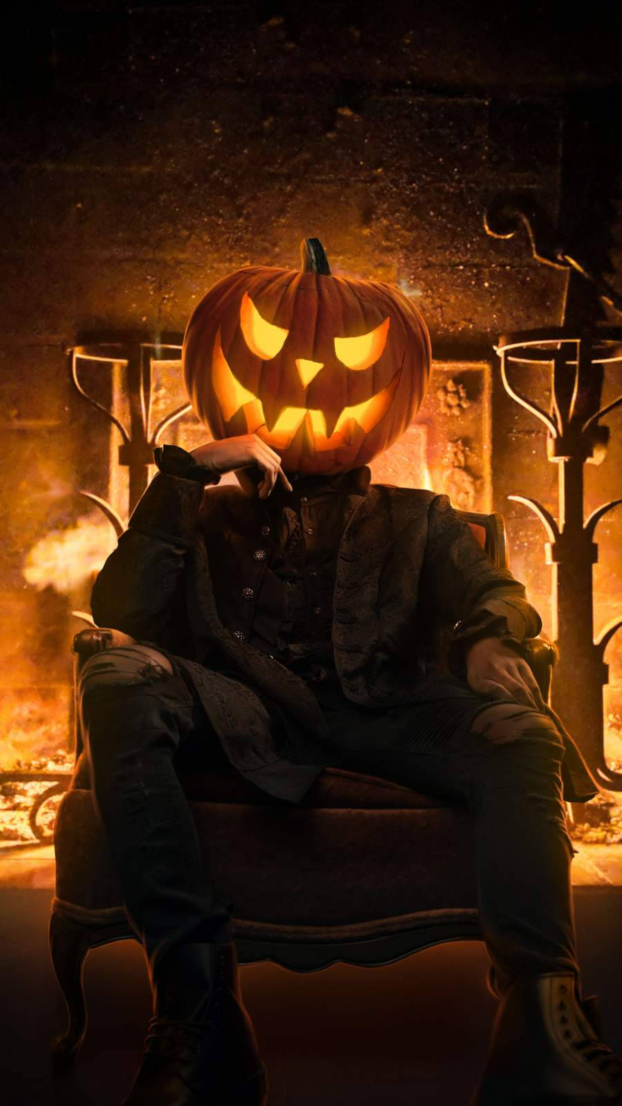 Halloween Pumpkin, jack-o'-lantern head, roaring fireplace, HD Phone Wallpaper
