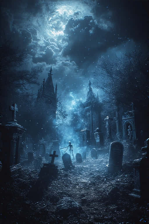 creepy graveyard, skeleton, misty moonlit cemetery, SD Phone Wallpaper