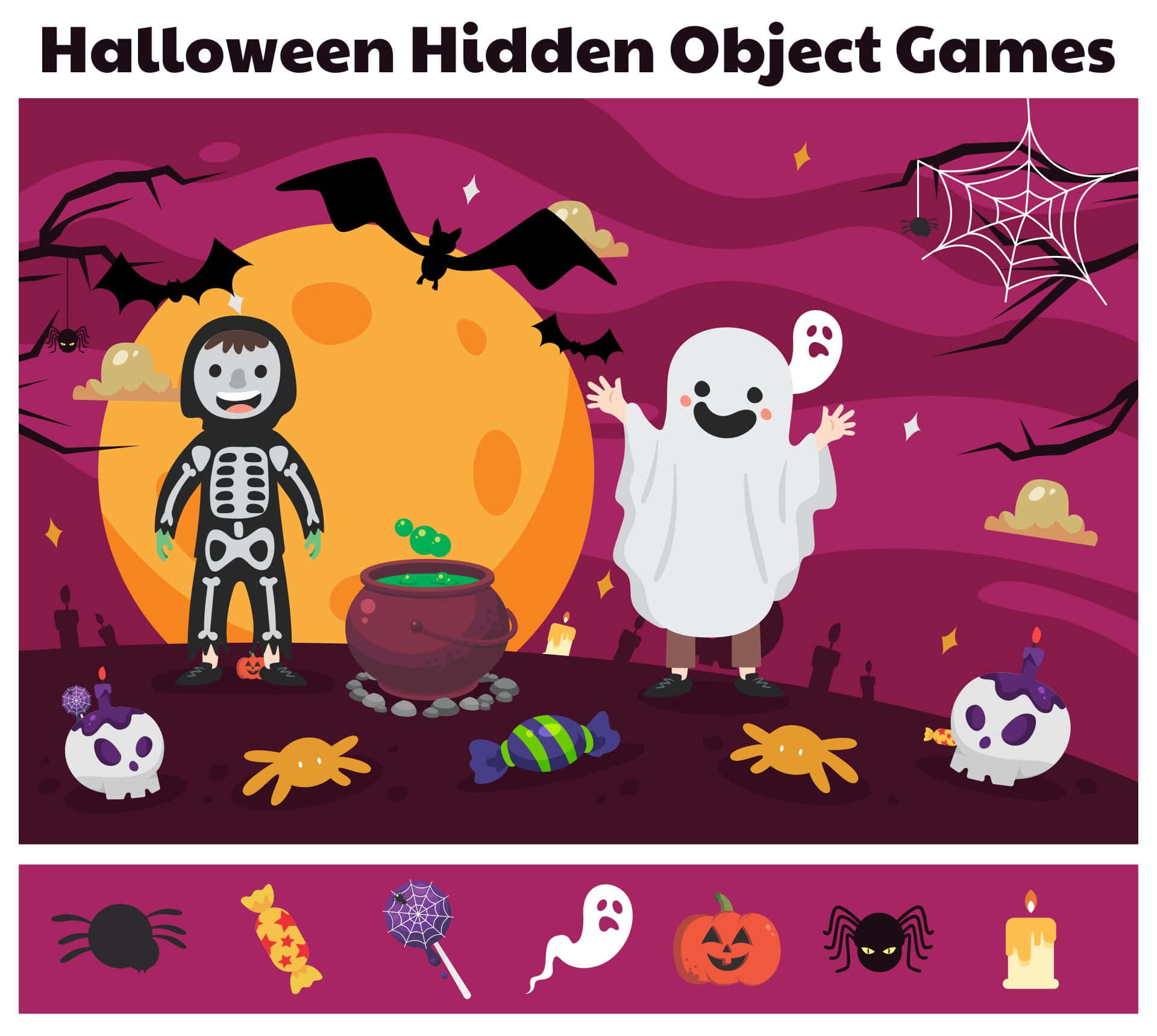 Halloween Puzzles, orange moon, cauldron, Full HD Desktop Wallpaper