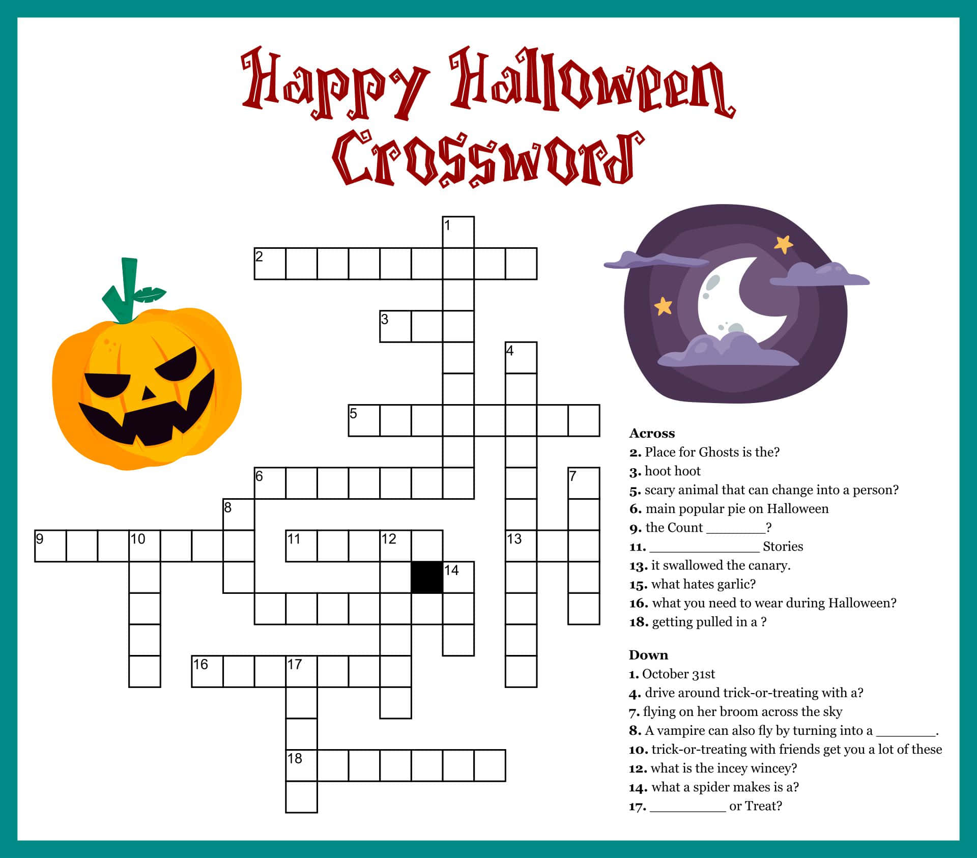 Halloween Puzzles, jack-o'-lantern, crescent moon, Full HD Desktop Wallpaper