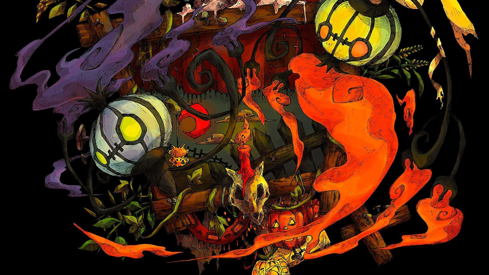 Halloween, glowing jack-o'-lanterns, fiery orange ghosts, Full HD Desktop Wallpaper