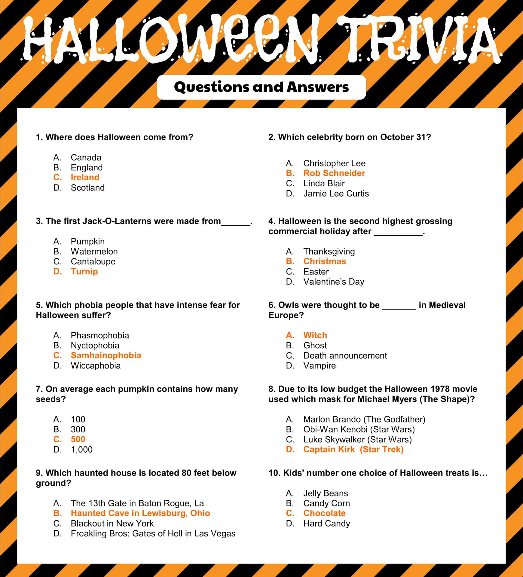 Halloween Trivia, orange black striped border, multiple choice questions, Full HD Phone Wallpaper