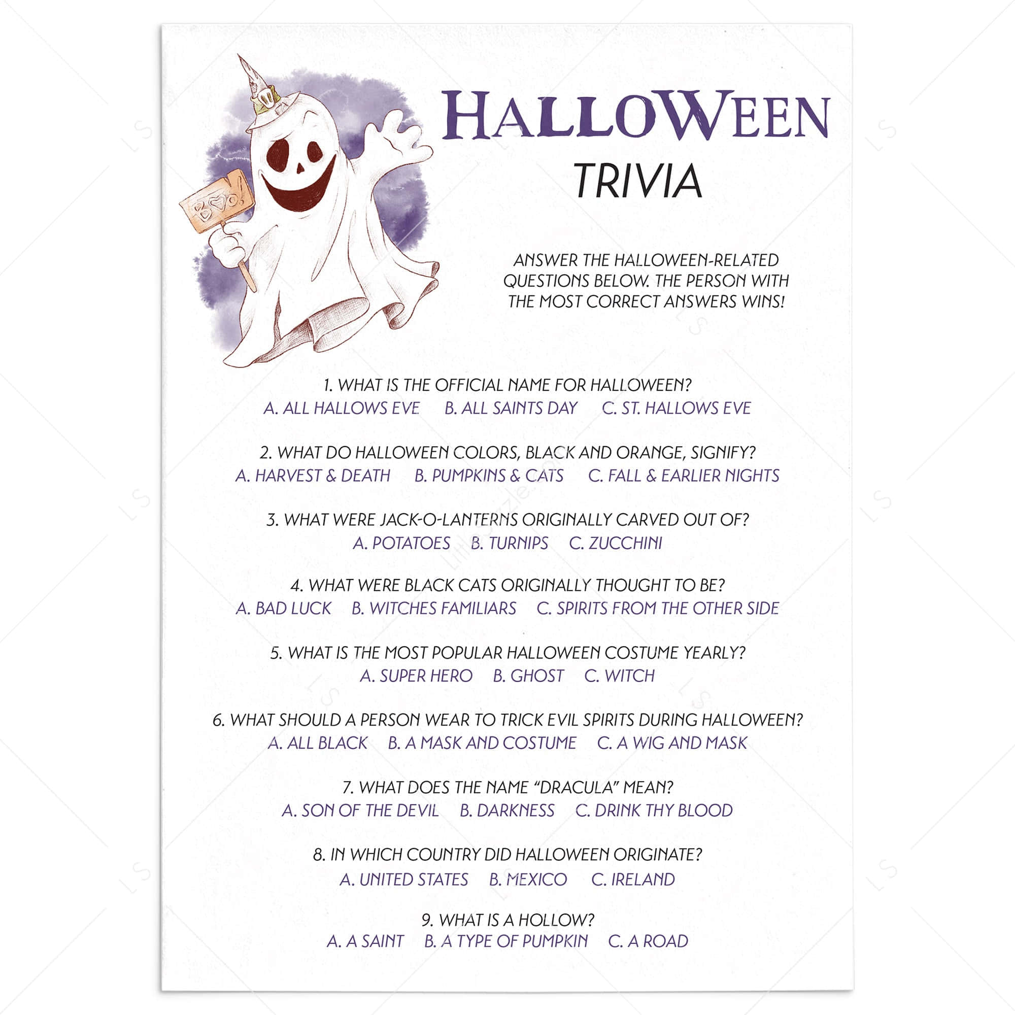 Halloween Trivia, cartoon ghost, purple watercolor background, Full HD Desktop Wallpaper