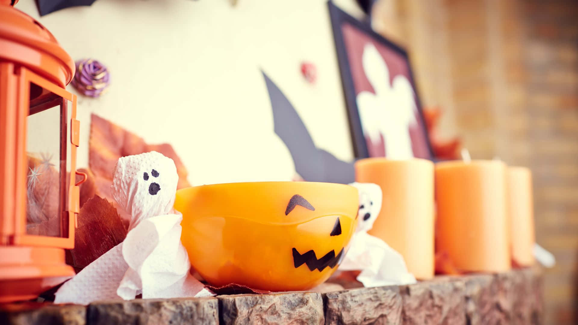 Halloween, jack-o'-lantern bowl, ghost decorations, Full HD Desktop Wallpaper
