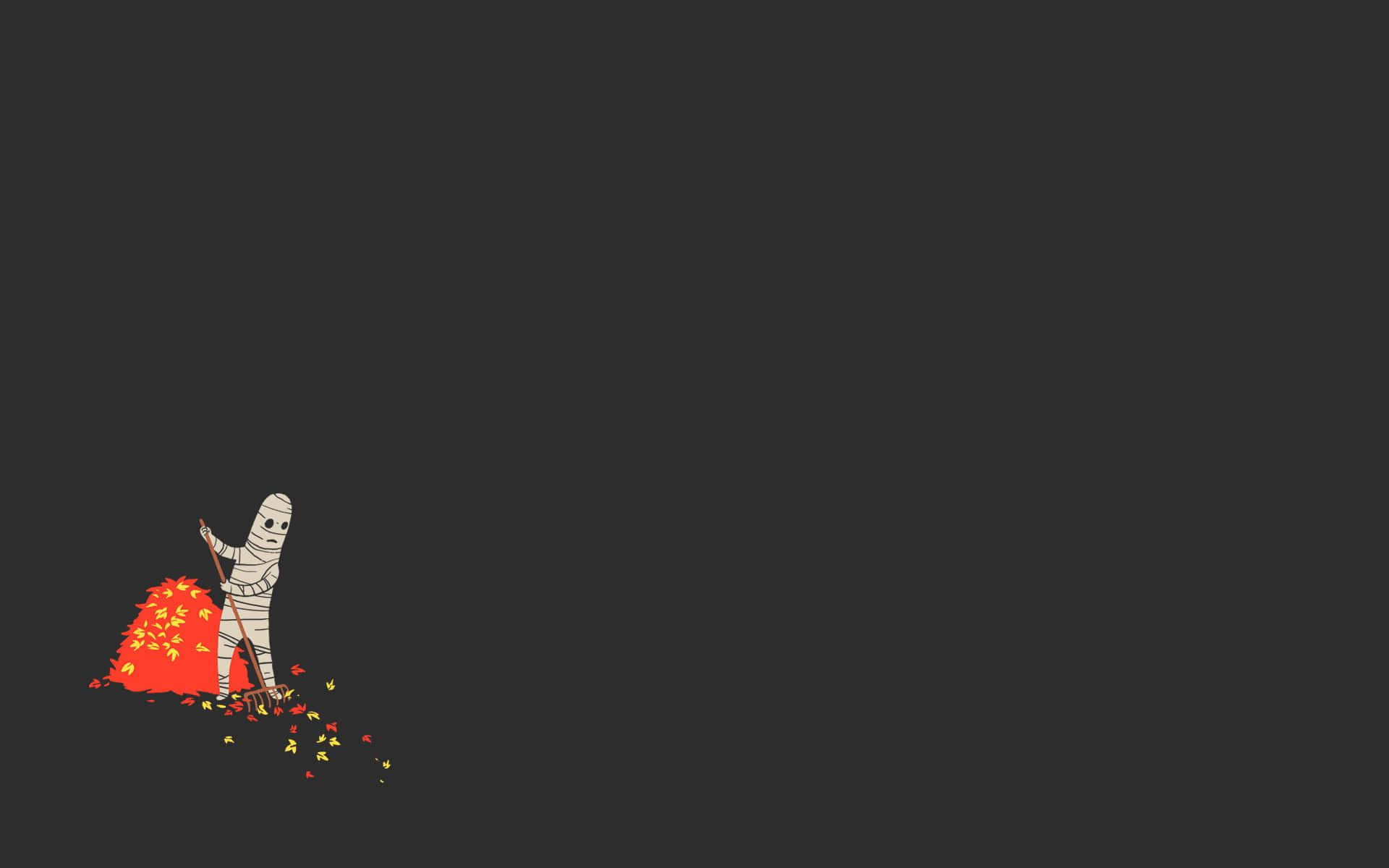 minimalist cartoon mummy, vibrant red and orange autumn leaves, dark gray background, Full HD Desktop Wallpaper
