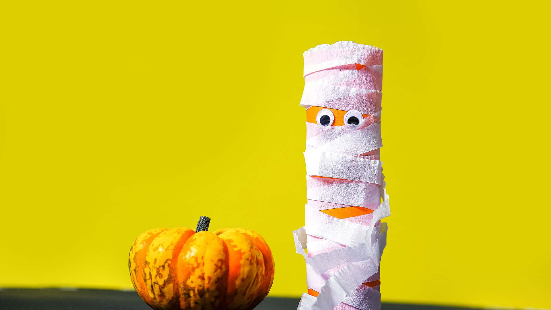 pink gauze, orange pumpkin, vibrant yellow background, Full HD Desktop Wallpaper