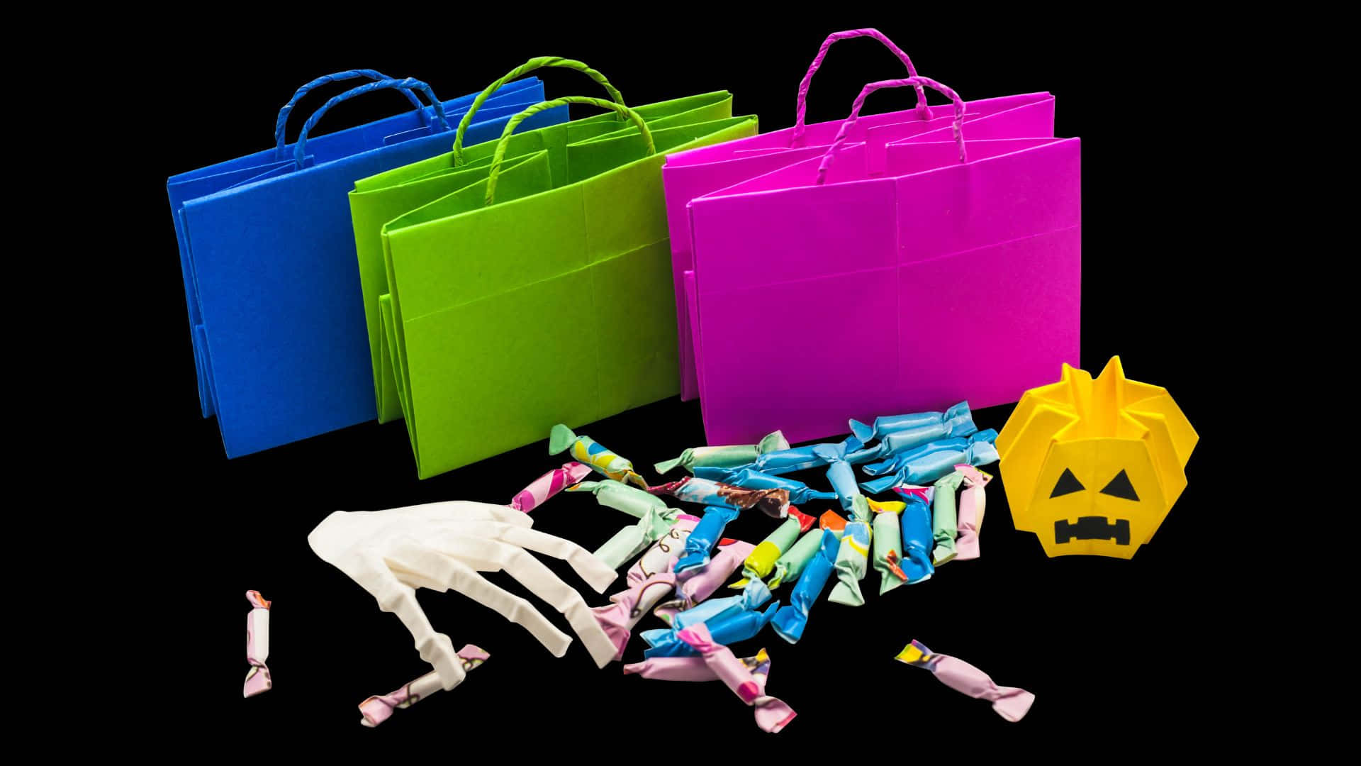 Trick-or-Treat Bags, candy, white skeleton hand, Full HD Desktop Wallpaper