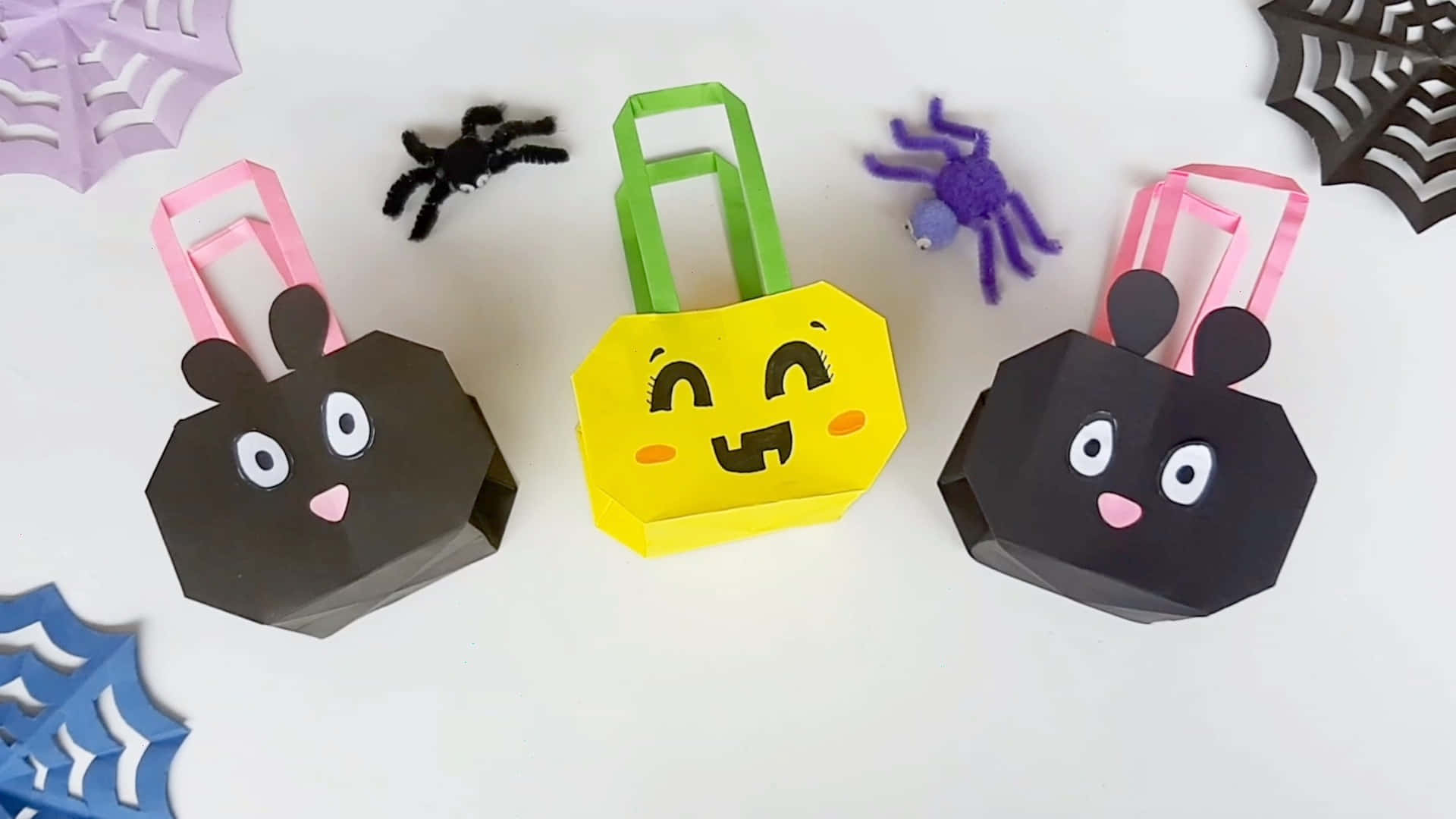 trick or treat bags, Halloween, smiling bunnies, Full HD Desktop Wallpaper