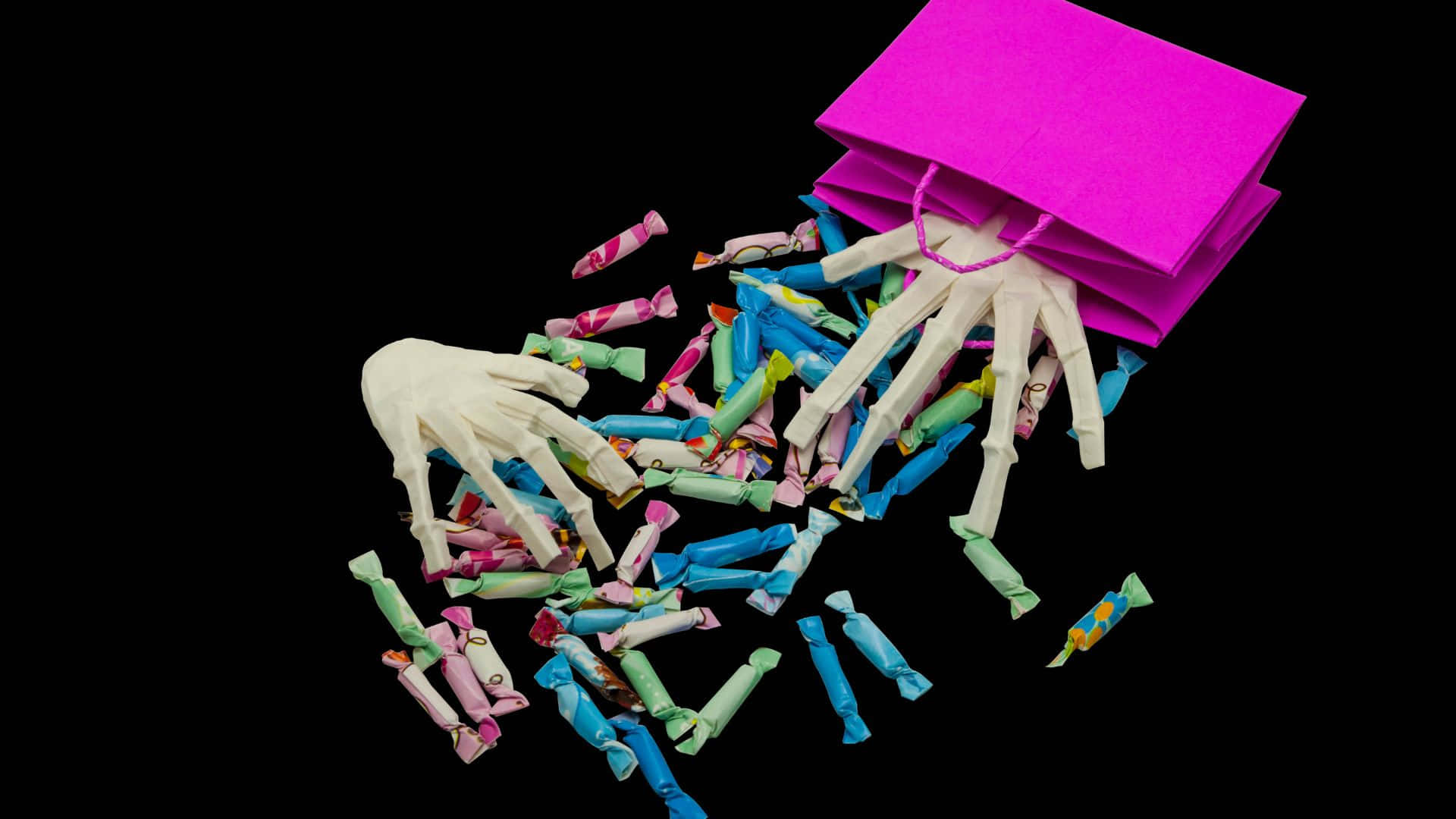 Trick or Treat Bags, white paper hands, colorful wrapped candies, Full HD Desktop Wallpaper