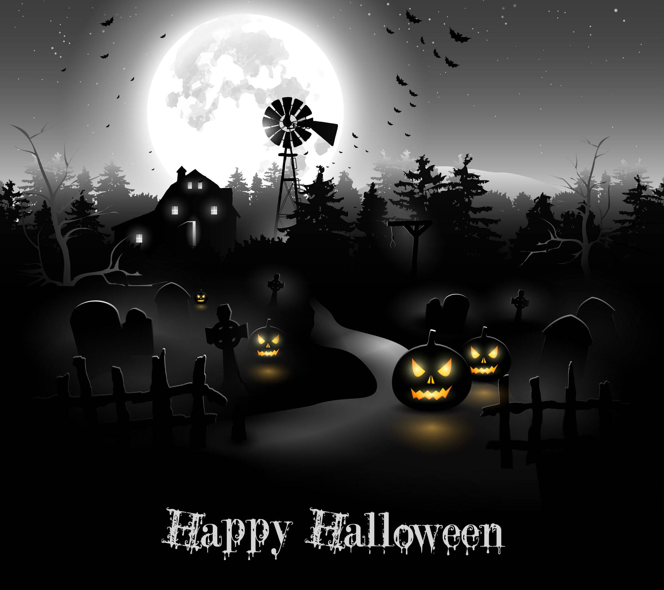 Halloween, jack-o'-lanterns, graveyard, Full HD Desktop Wallpaper