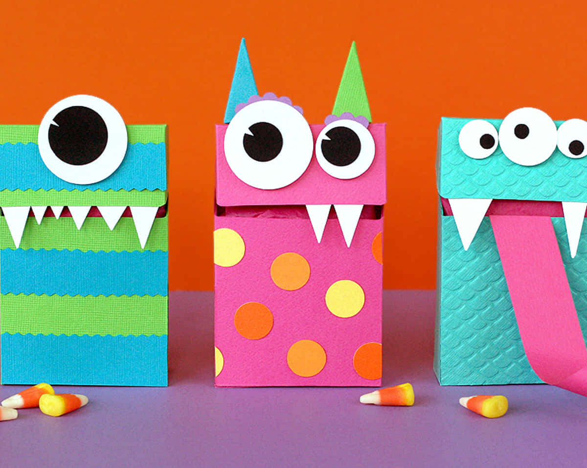 Trick or Treat Bags, colorful handmade monster treat boxes, googly eyes, SD Desktop Wallpaper