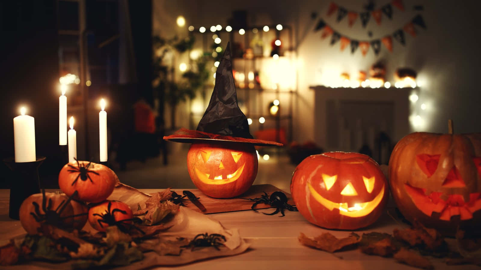 jack-o'-lanterns, witch hats, candles, HD Desktop Wallpaper