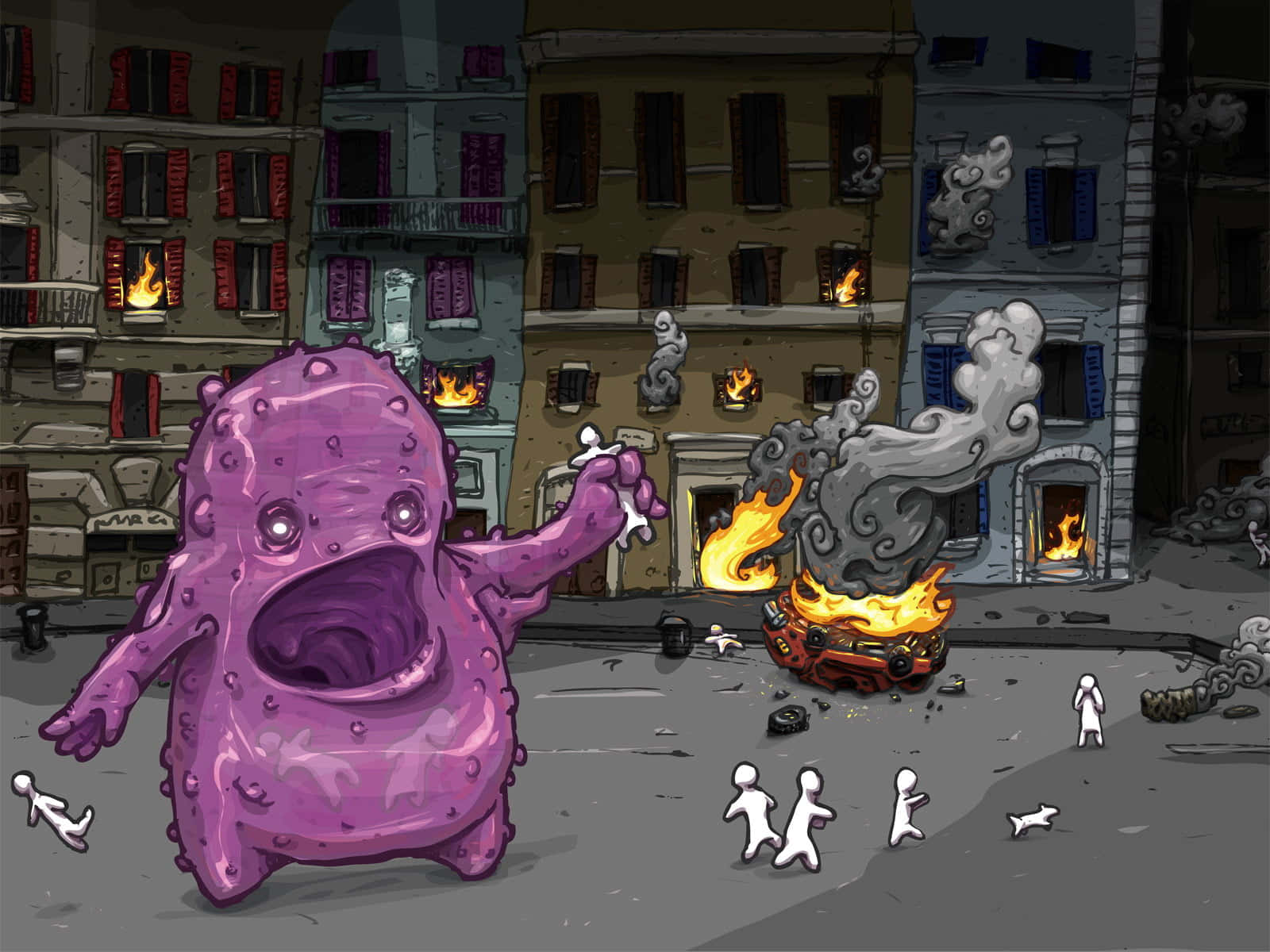 Halloween Slime, purple monster, burning city street, HD Desktop Wallpaper