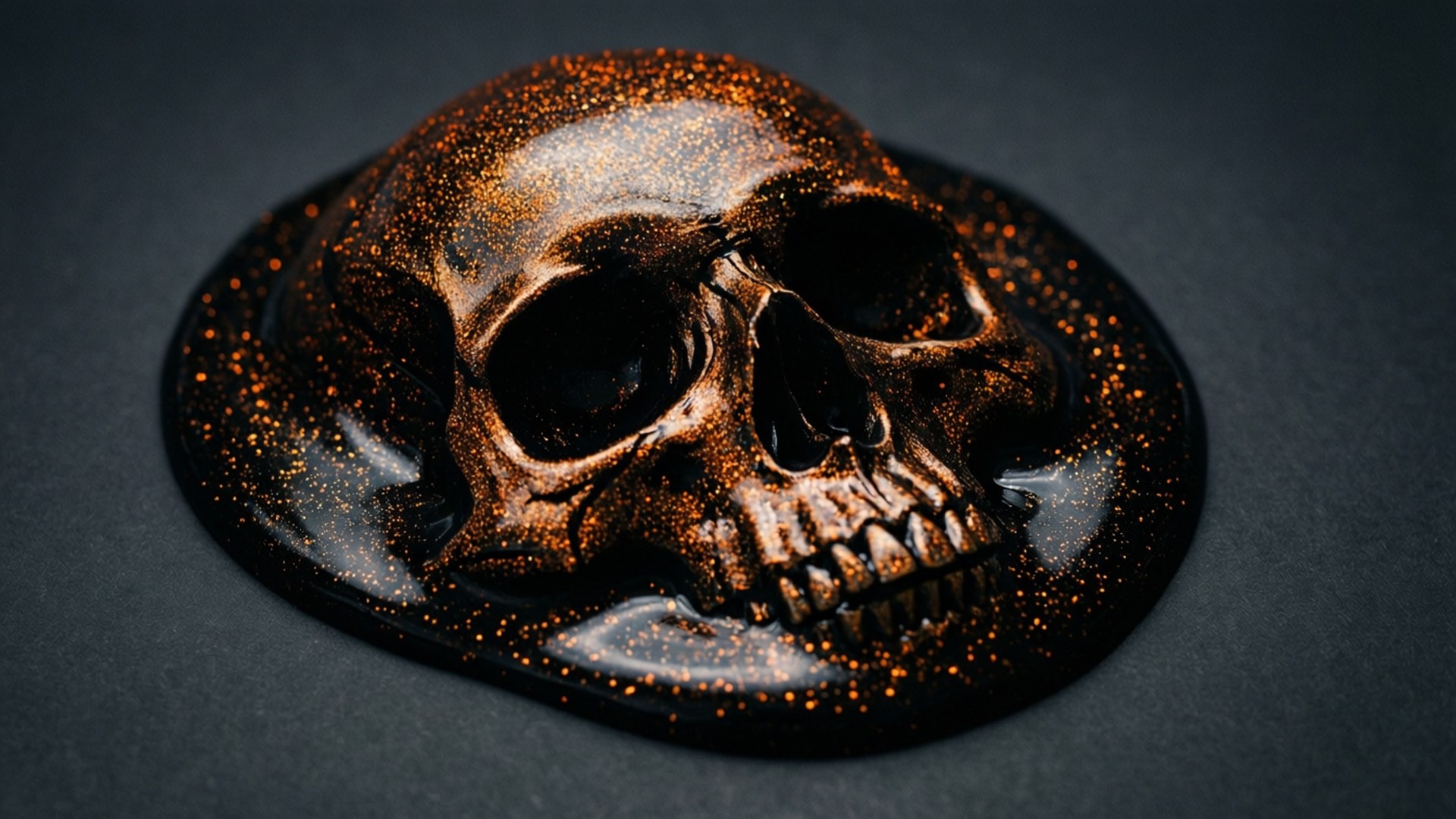 skull slime pattern, glittery black slime, orange sparkles, Full HD Desktop Wallpaper