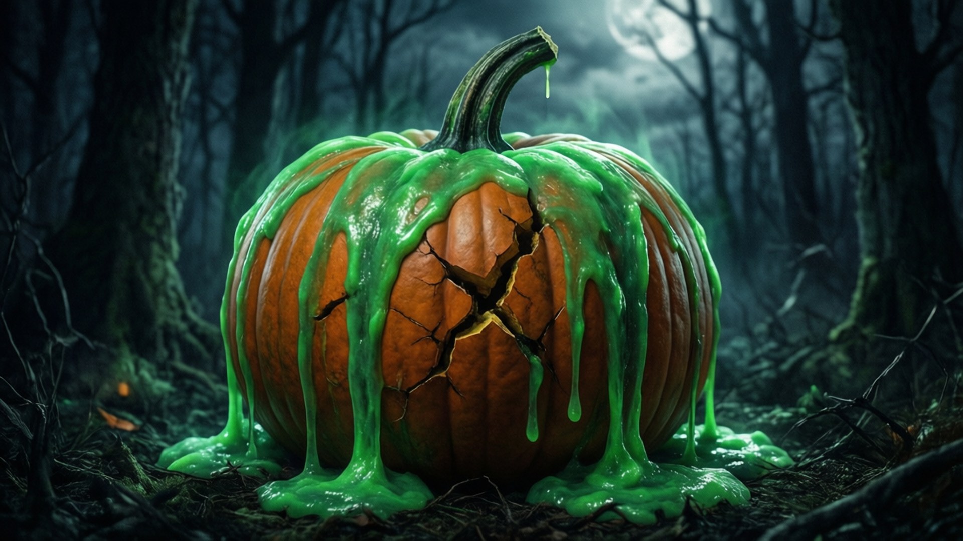 glowing green slime, cracked pumpkin, misty moonlit forest, Full HD Desktop Wallpaper
